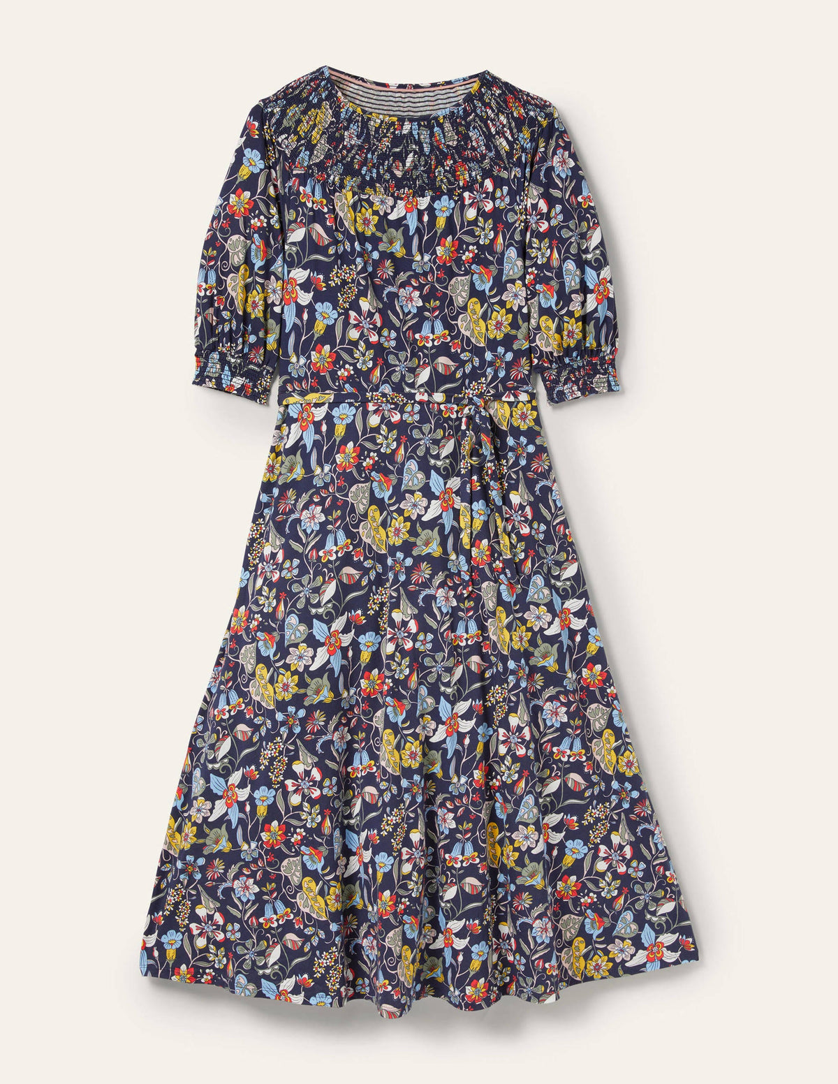Smocked Neck Jersey Midi Dress-French Navy Floral - Image 6