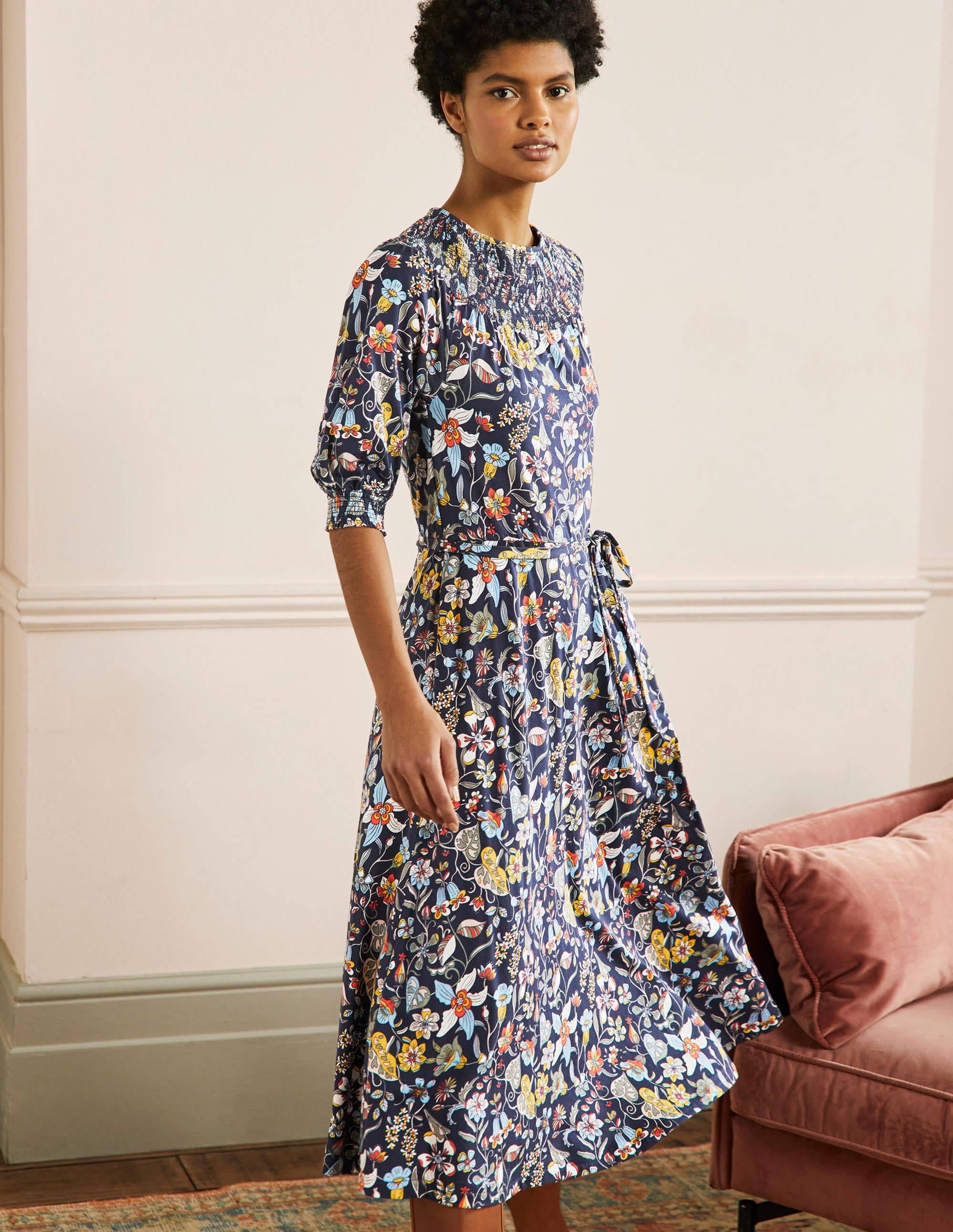 Smocked Neck Jersey Midi Dress-French Navy Floral - Image 1