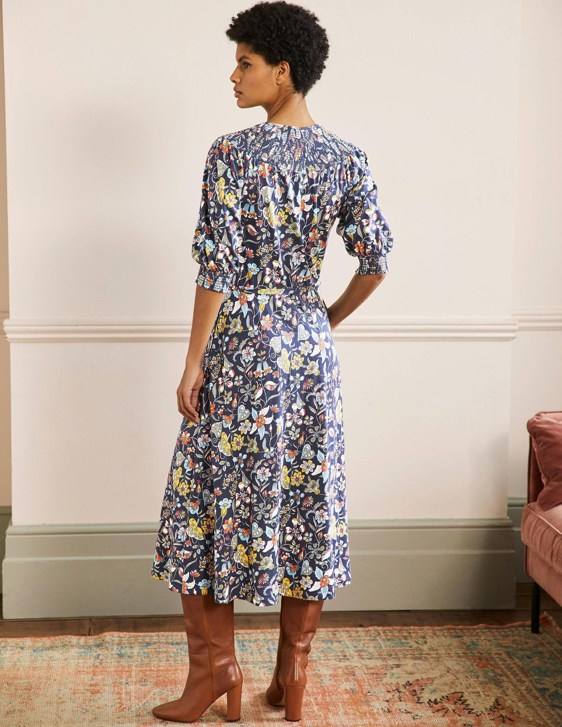 Smocked Neck Jersey Midi Dress-French Navy Floral-3