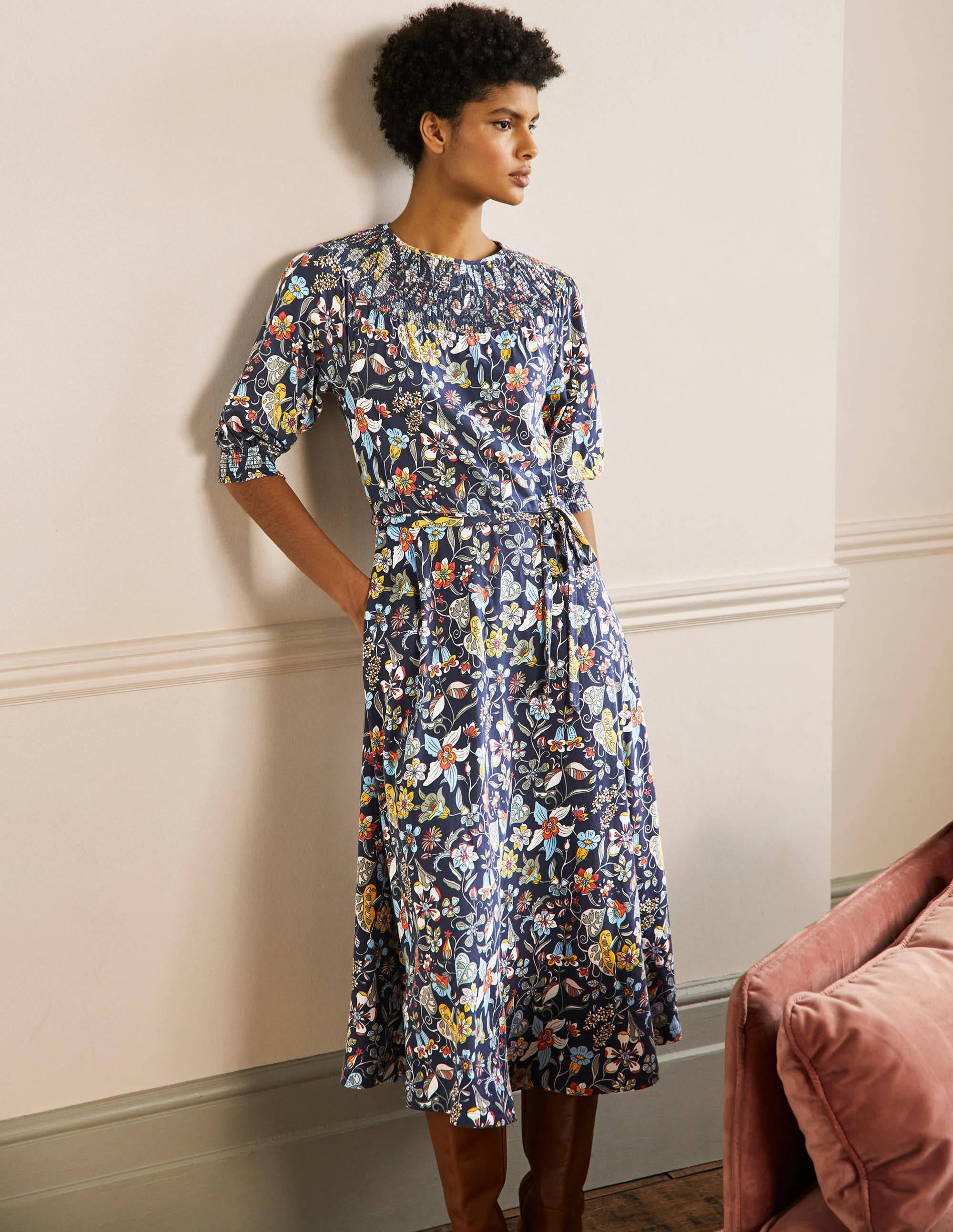 Smocked Neck Jersey Midi Dress-French Navy Floral - Image 4