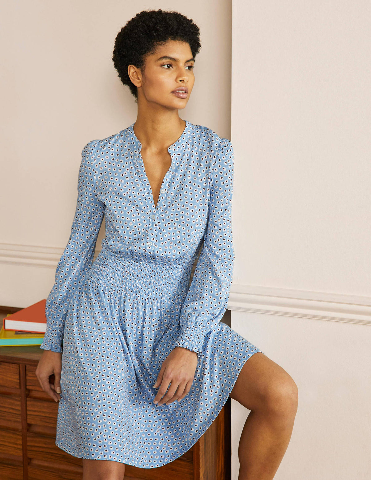 Smocked Jersey Shirt Dress-Dusty Blue, Cordate Leaf-1