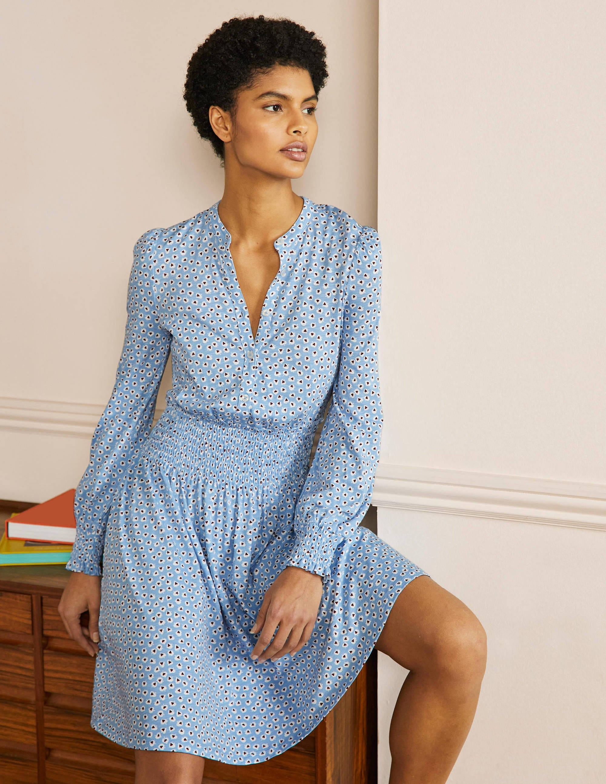 Smocked Jersey Shirt Dress-Dusty Blue, Cordate Leaf - Image 1