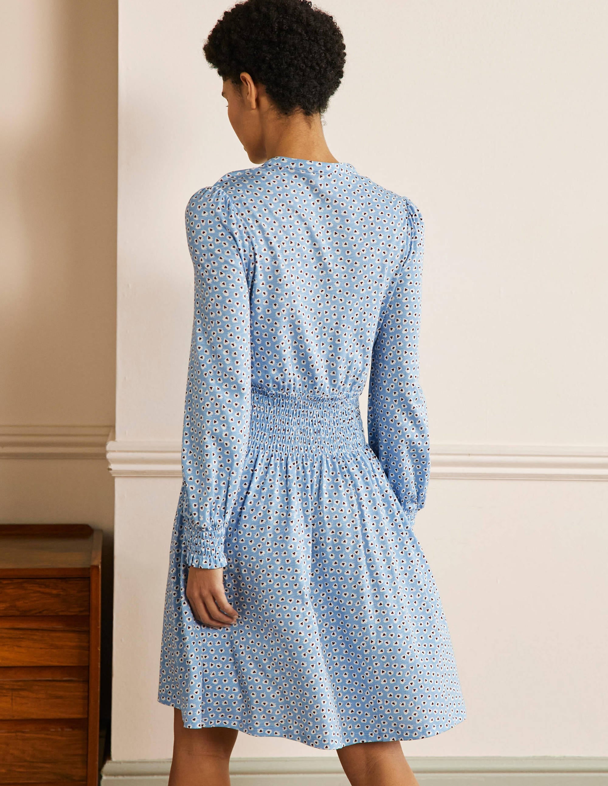 Smocked Jersey Shirt Dress-Dusty Blue, Cordate Leaf - Image 3
