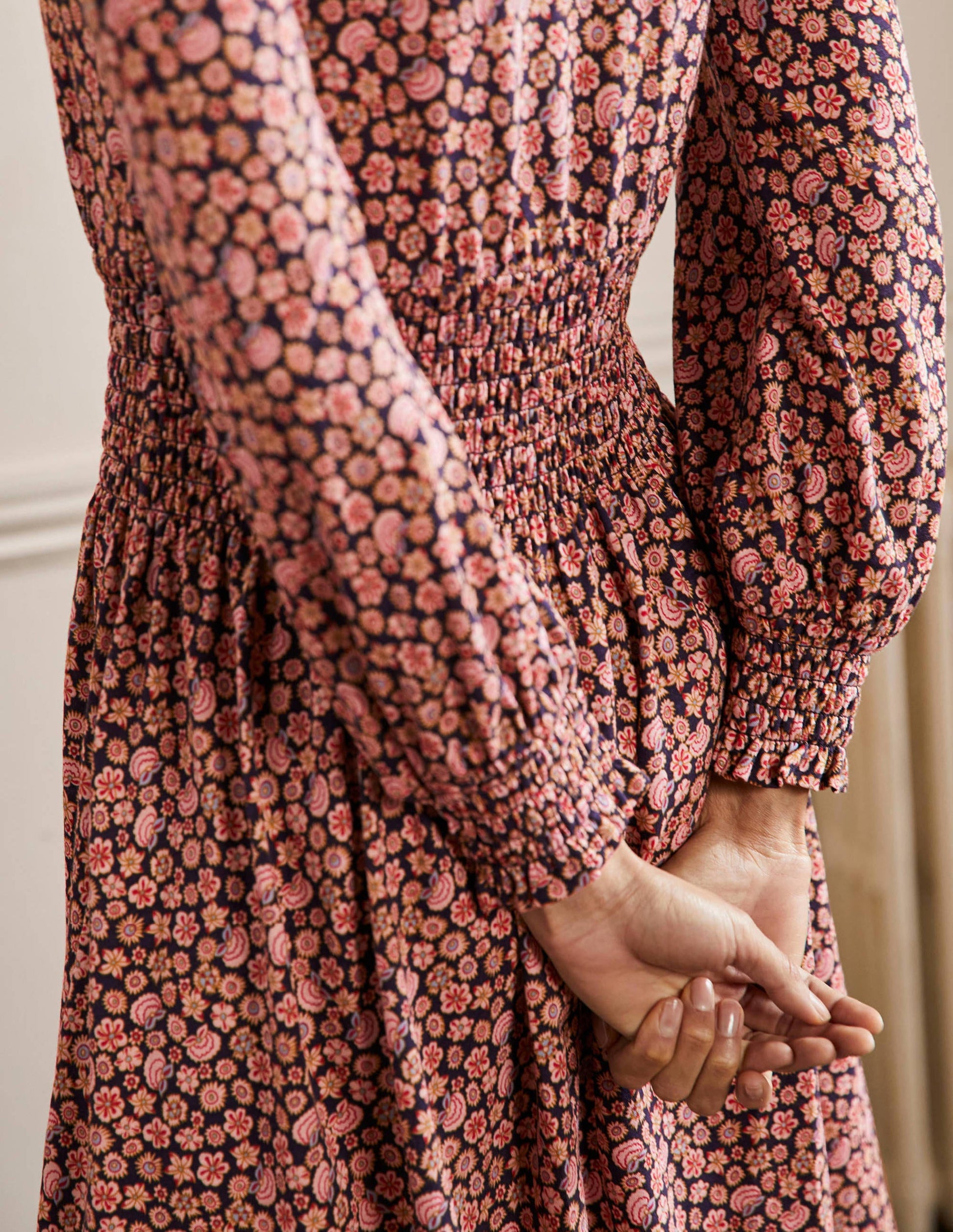 Smocked Jersey Shirt Dress-French Navy, Botanica Blush-5