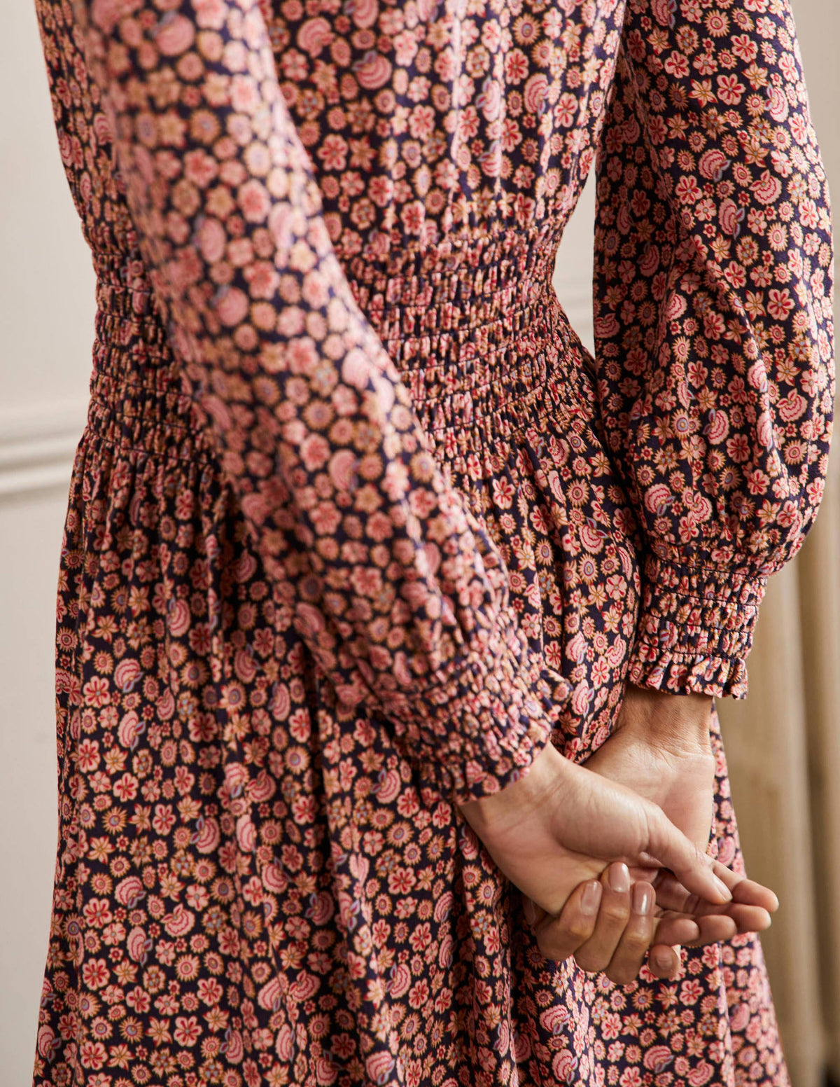 Smocked Jersey Shirt Dress-French Navy, Botanica Blush - Image 5