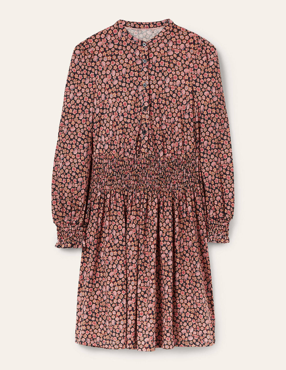Smocked Jersey Shirt Dress-French Navy, Botanica Blush - Image 6
