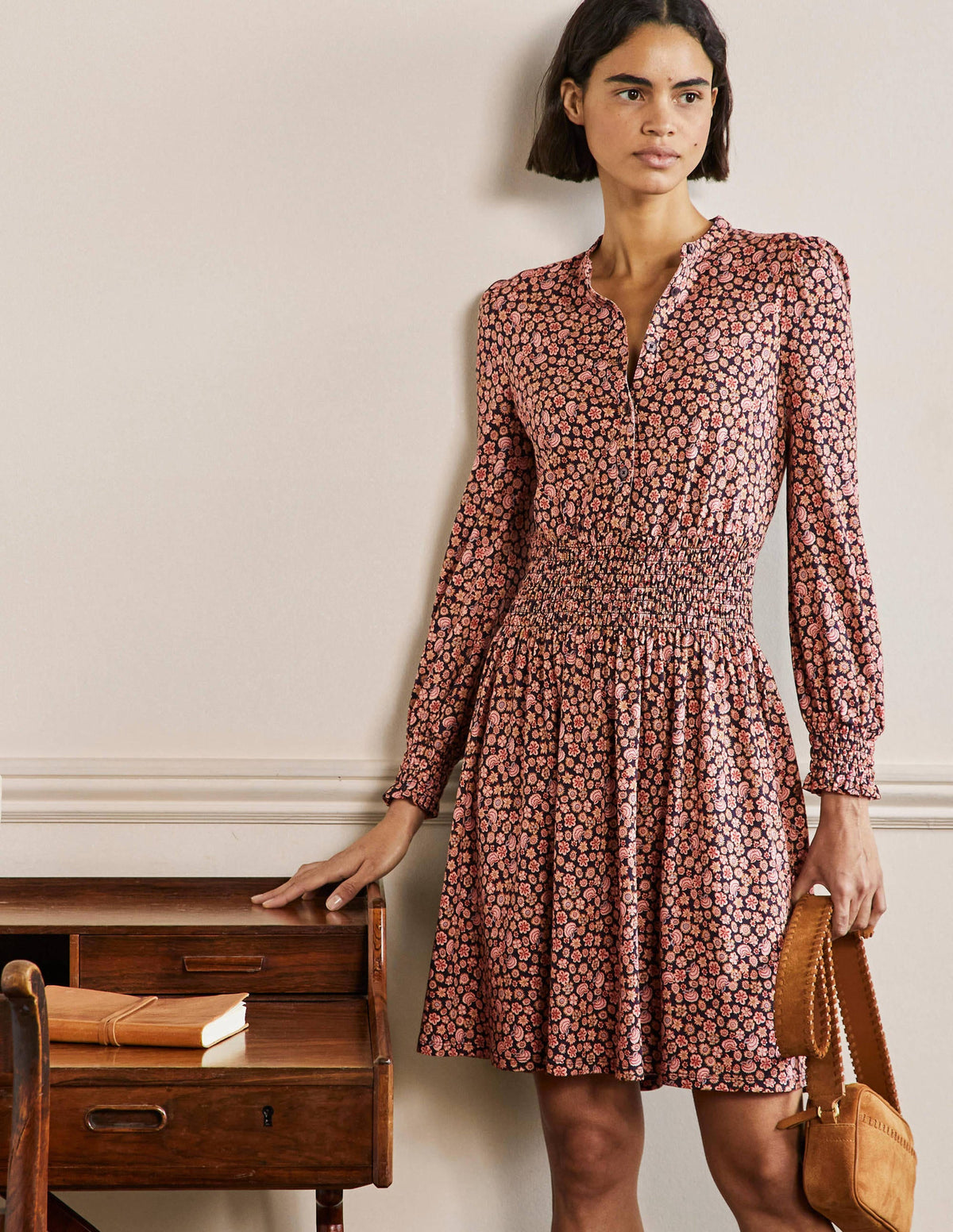 Smocked Jersey Shirt Dress-French Navy, Botanica Blush - Image 1