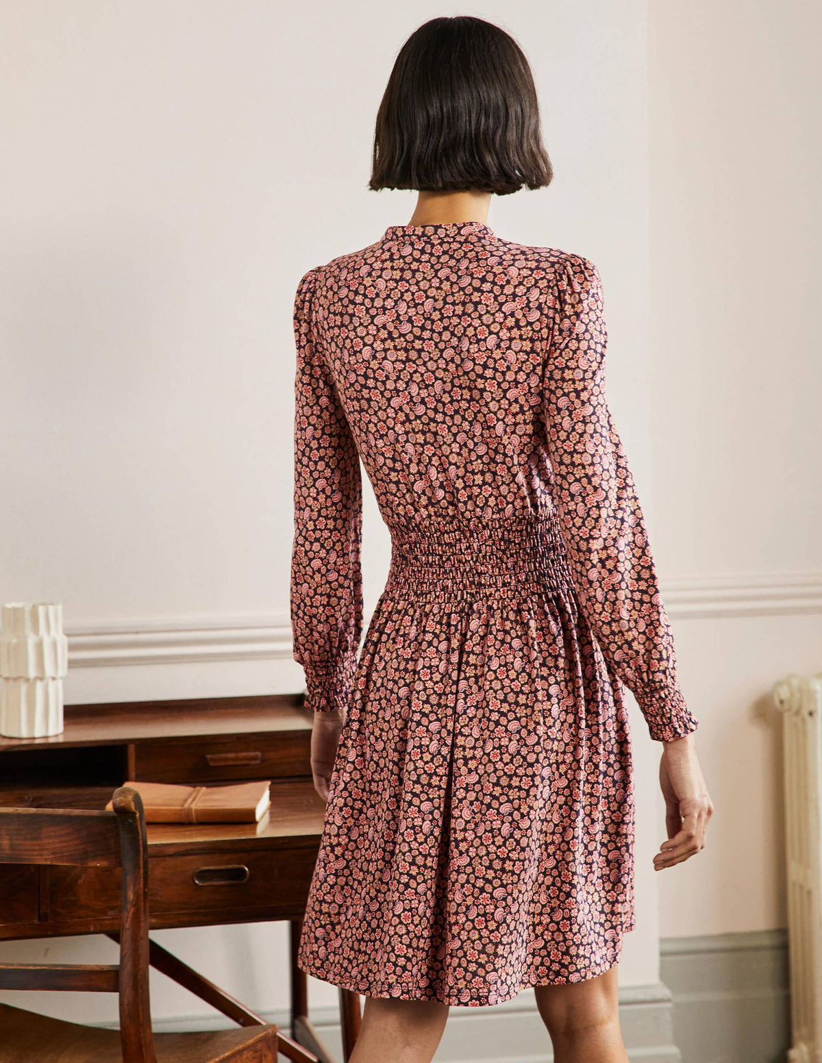 Smocked Jersey Shirt Dress-French Navy, Botanica Blush - Image 2