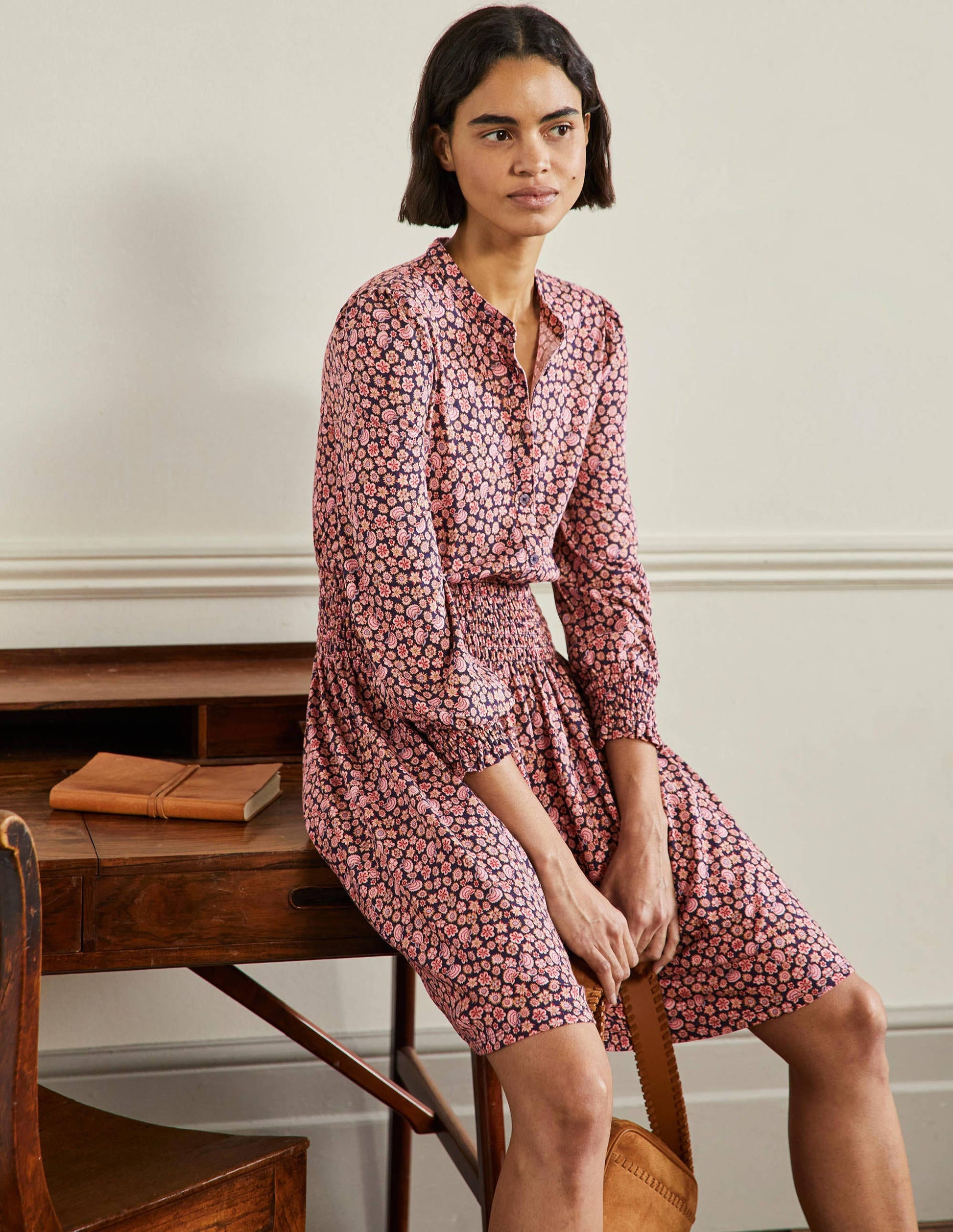 Smocked Jersey Shirt Dress-French Navy, Botanica Blush-3