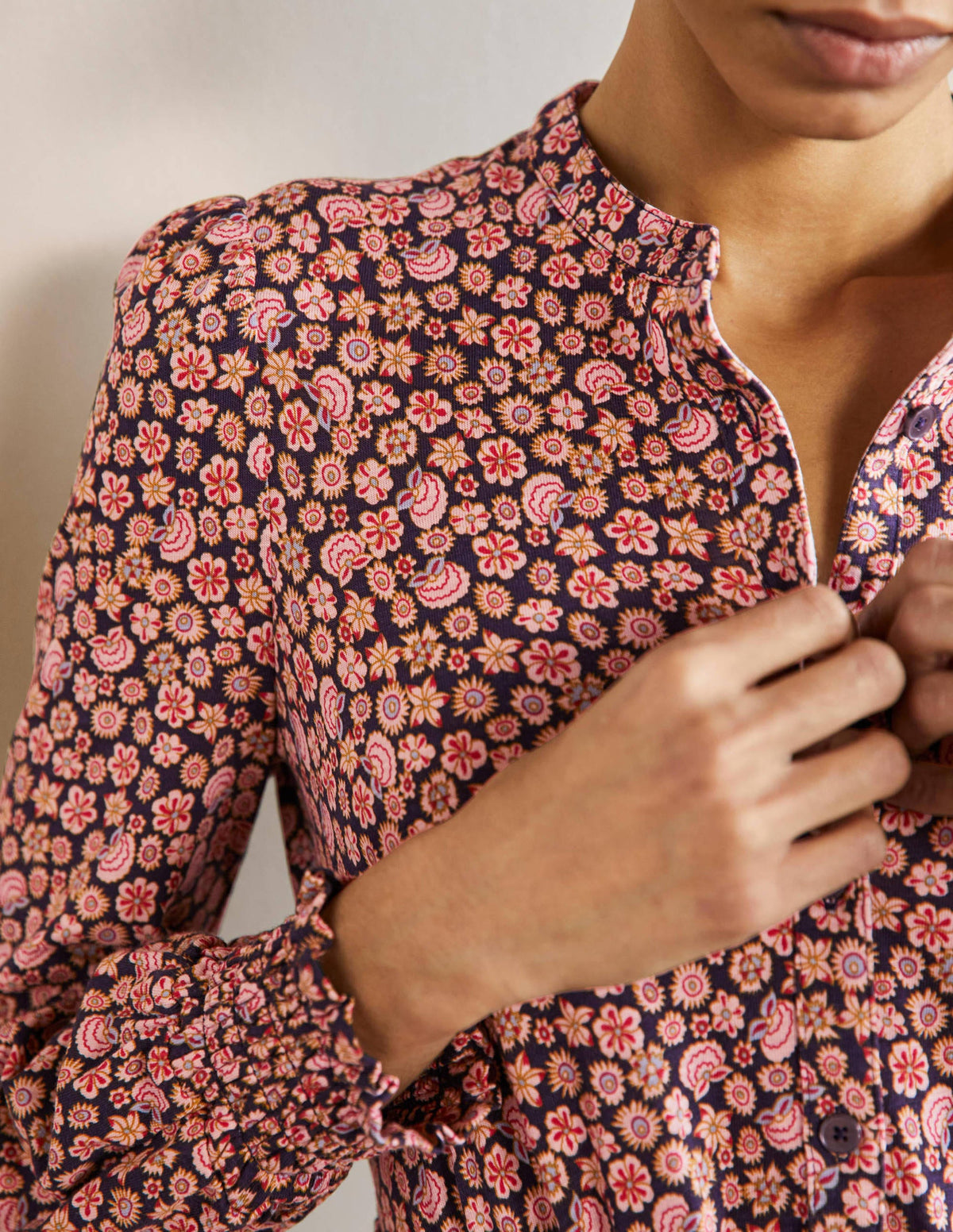 Smocked Jersey Shirt Dress-French Navy, Botanica Blush - Image 4