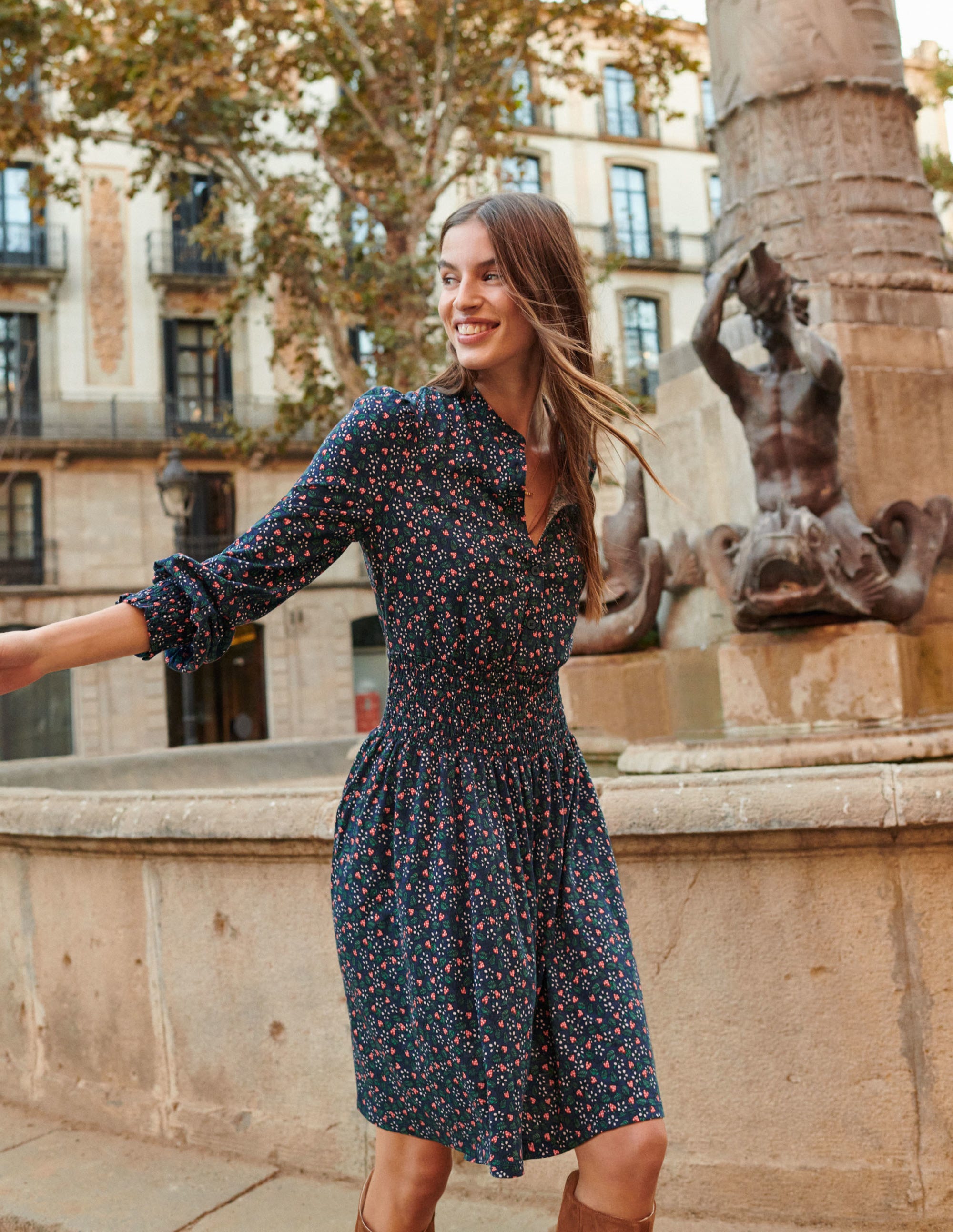 Smocked Jersey Shirt Dress-French Navy, Flora Berry - Image 7