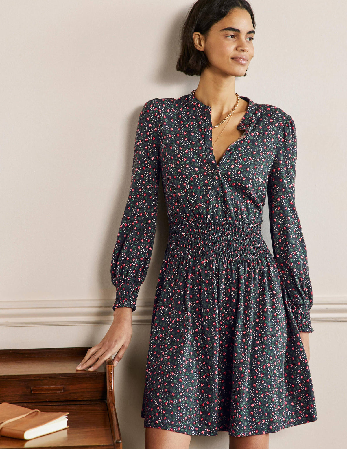 Smocked Jersey Shirt Dress-French Navy, Flora Berry-1
