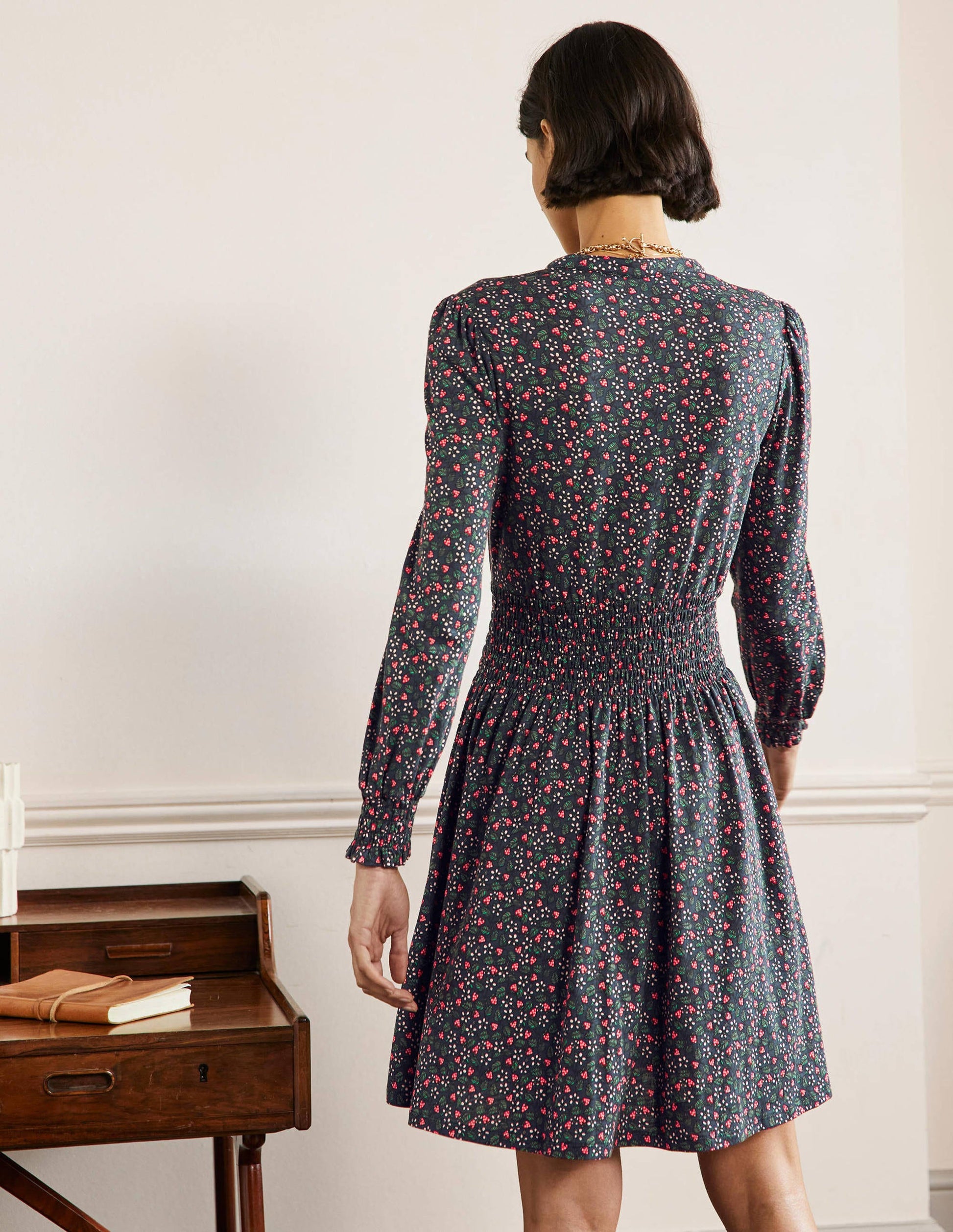 Smocked Jersey Shirt Dress-French Navy, Flora Berry-3