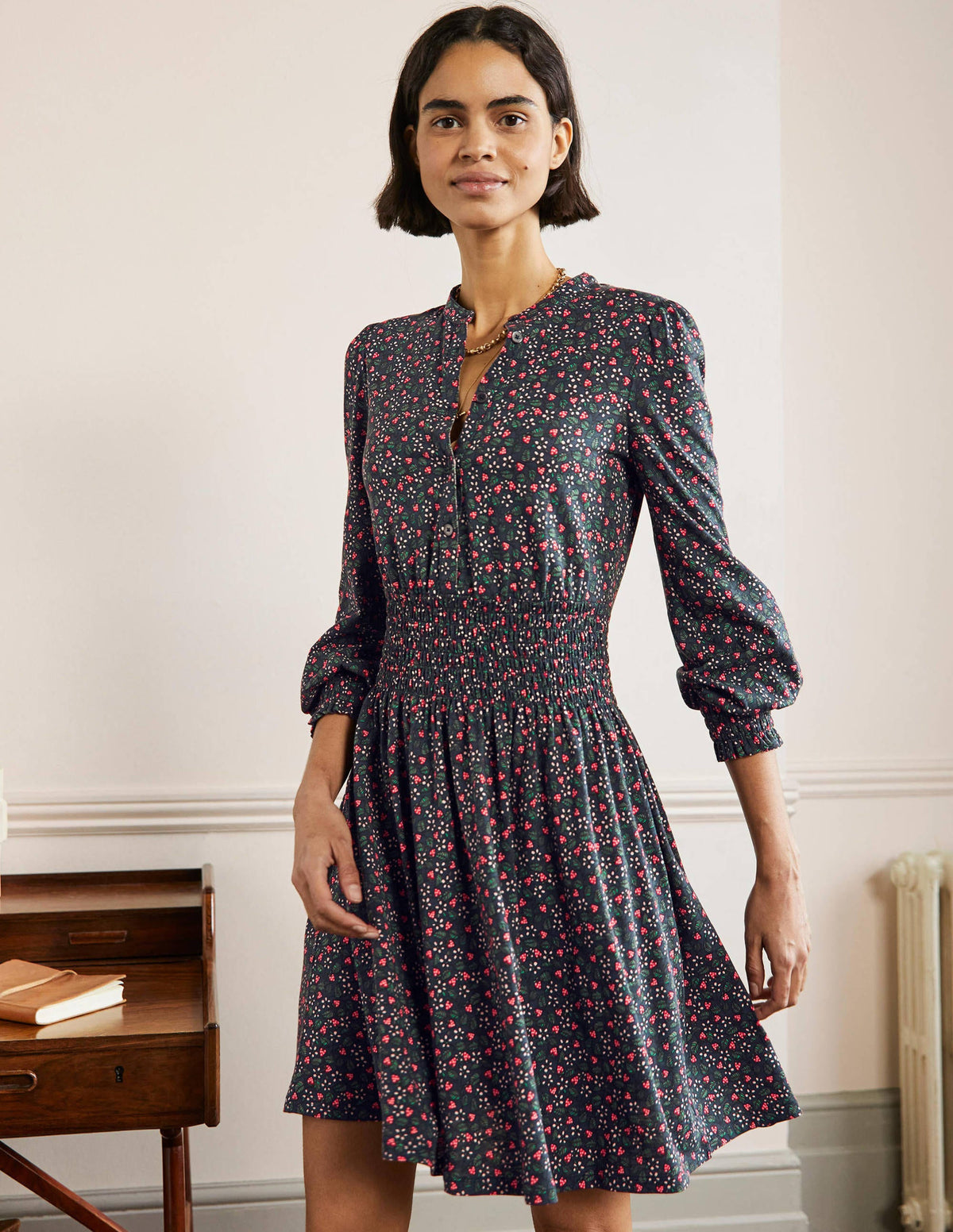 Smocked Jersey Shirt Dress-French Navy, Flora Berry-4