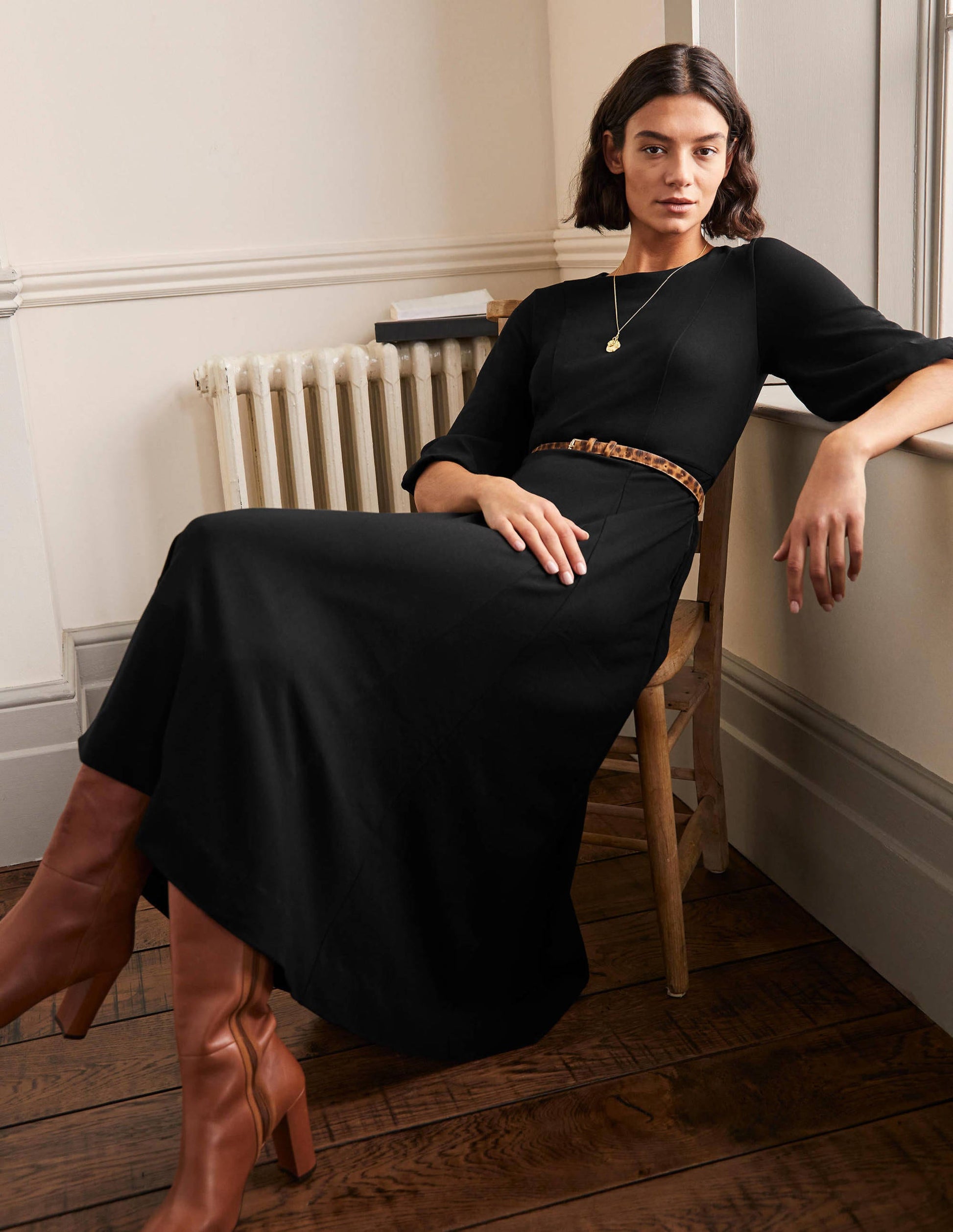 Full Skirt Jersey Midi Dress-Black-1
