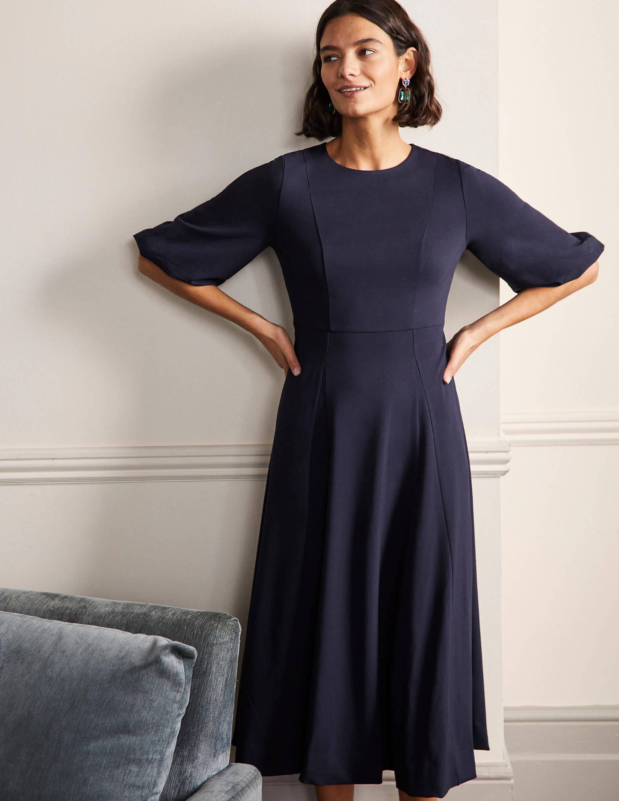 Full Skirt Jersey Midi Dress-Navy - Image 1
