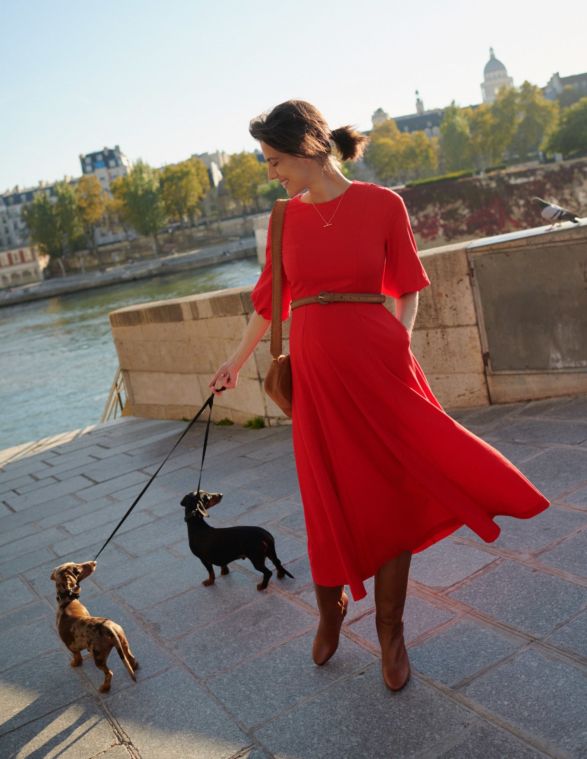 Full Skirt Jersey Midi Dress-Red-6
