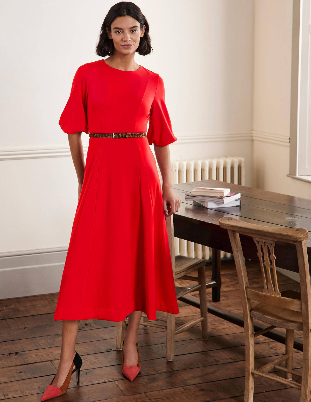 Full Skirt Jersey Midi Dress-Red-1