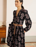 Button Through Jersey Dress-Black, Leafy Cluster