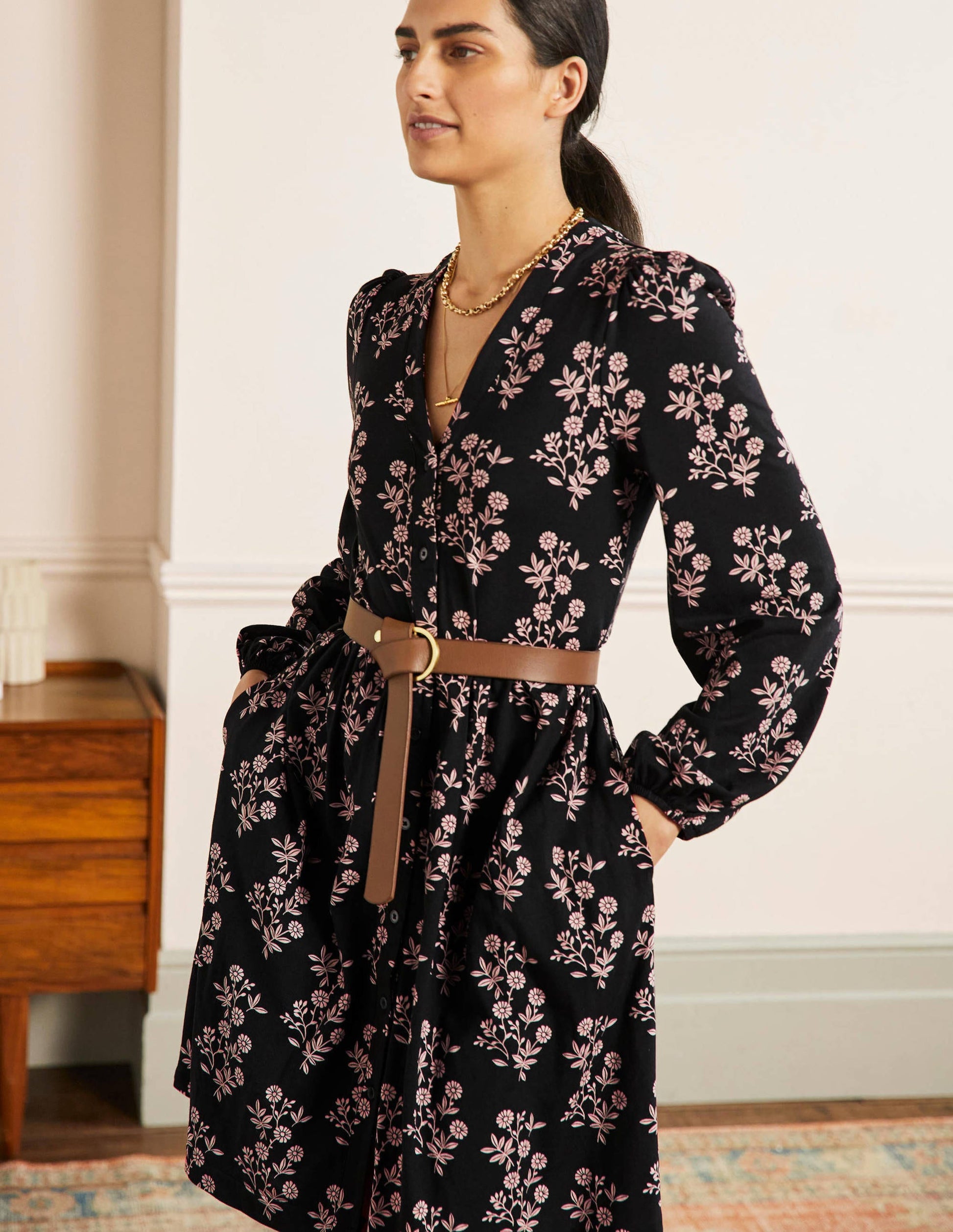 Button Through Jersey Dress-Black, Leafy Cluster-1