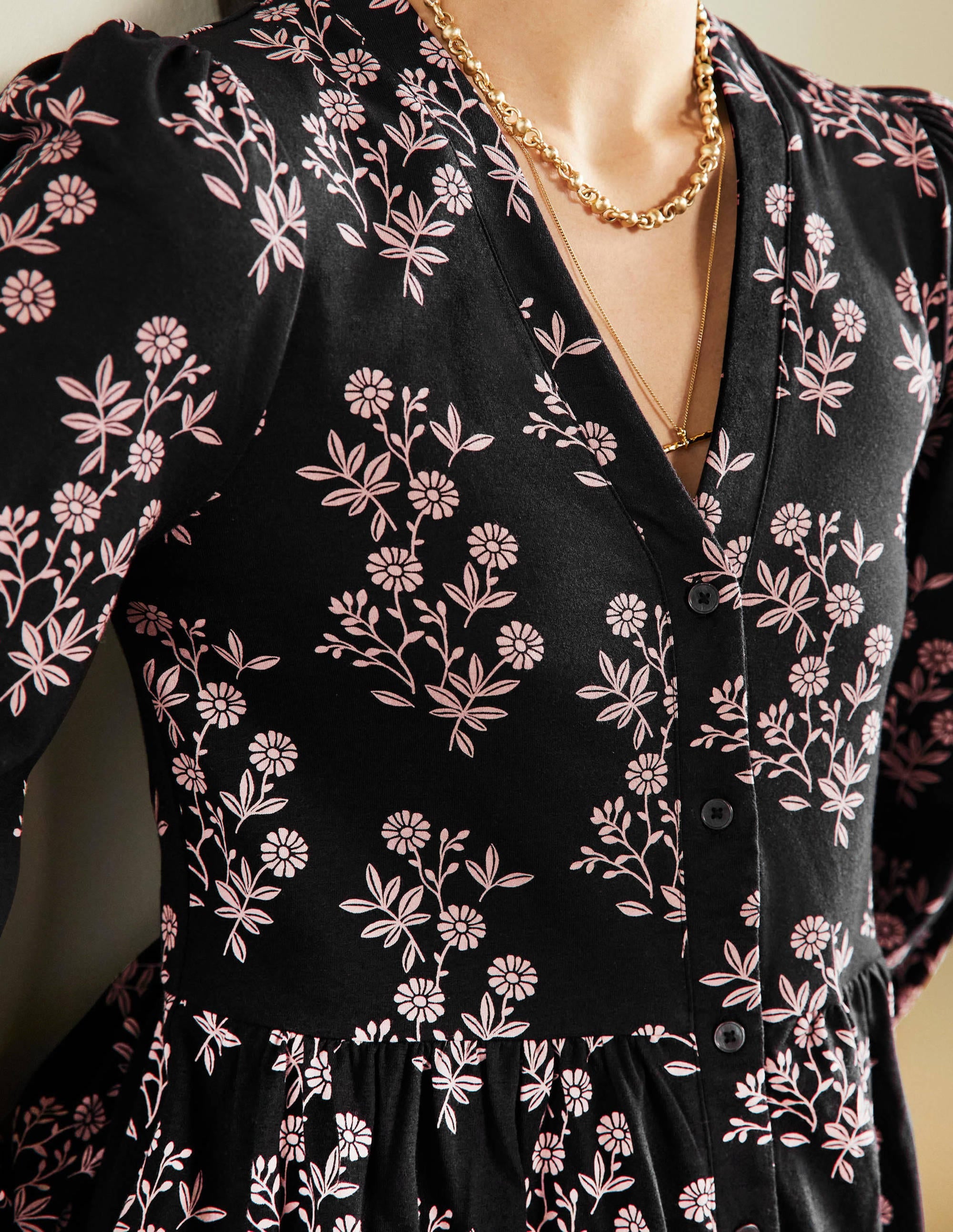 Button Through Jersey Dress-Black, Leafy Cluster - Image 2