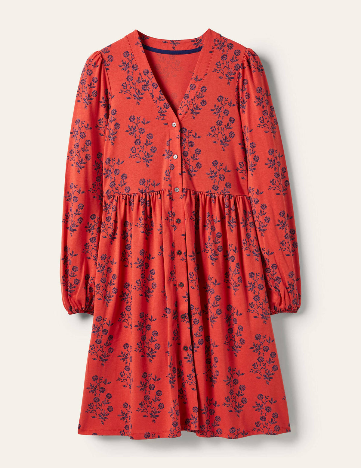 Button Through Jersey Dress-Red, Leafy Cluster - Image 6