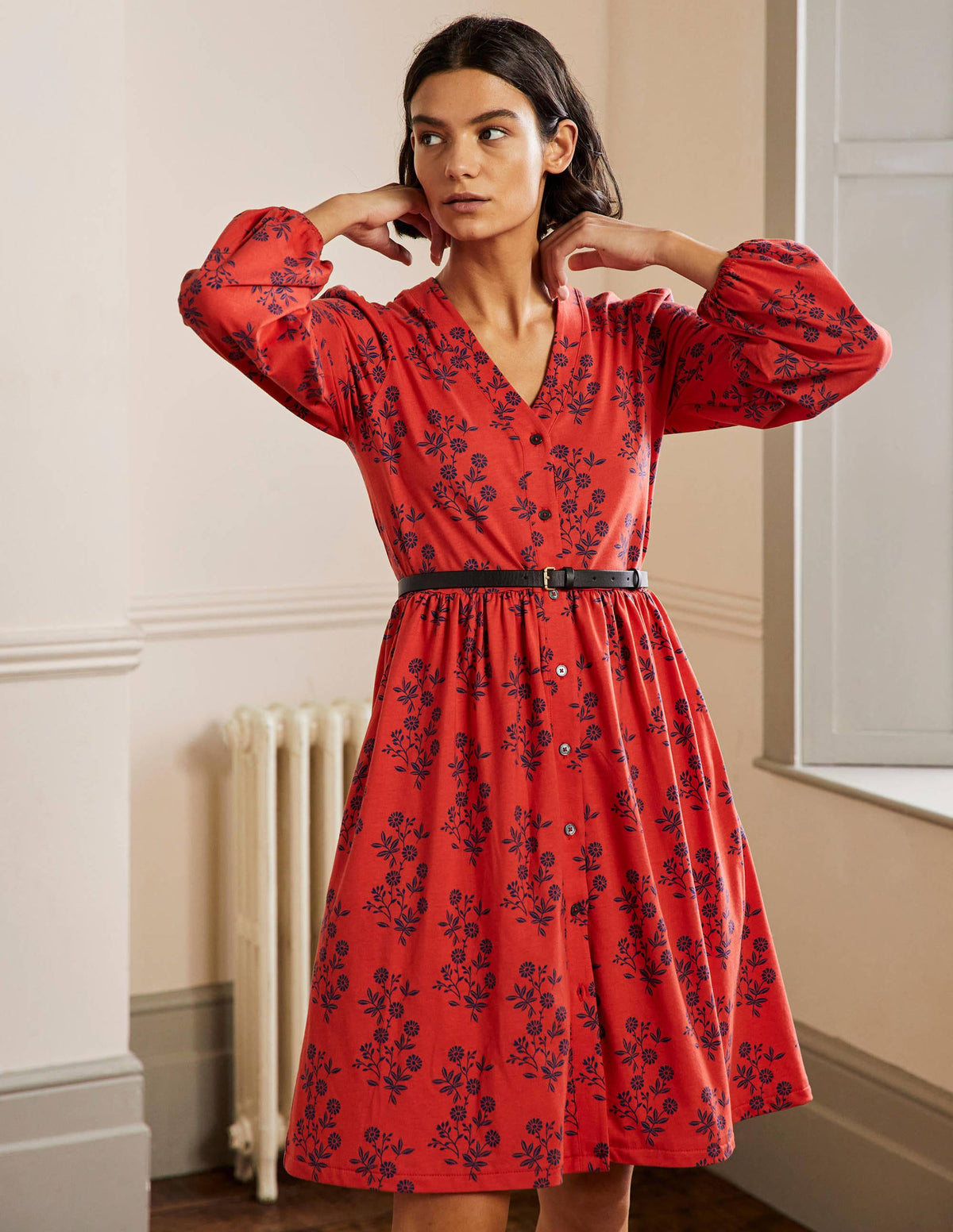 Button Through Jersey Dress-Red, Leafy Cluster - Image 1