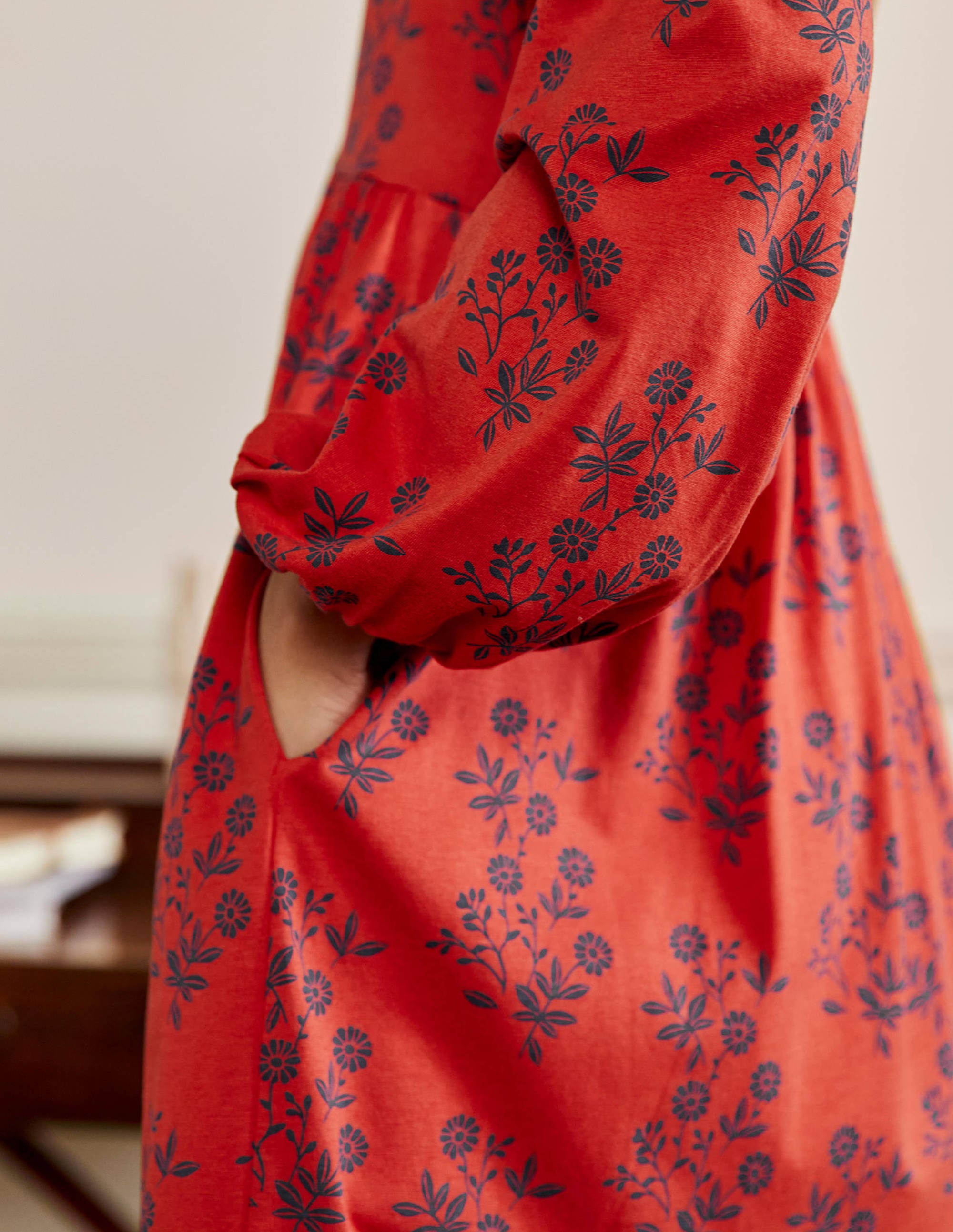 Button Through Jersey Dress-Red, Leafy Cluster - Image 2