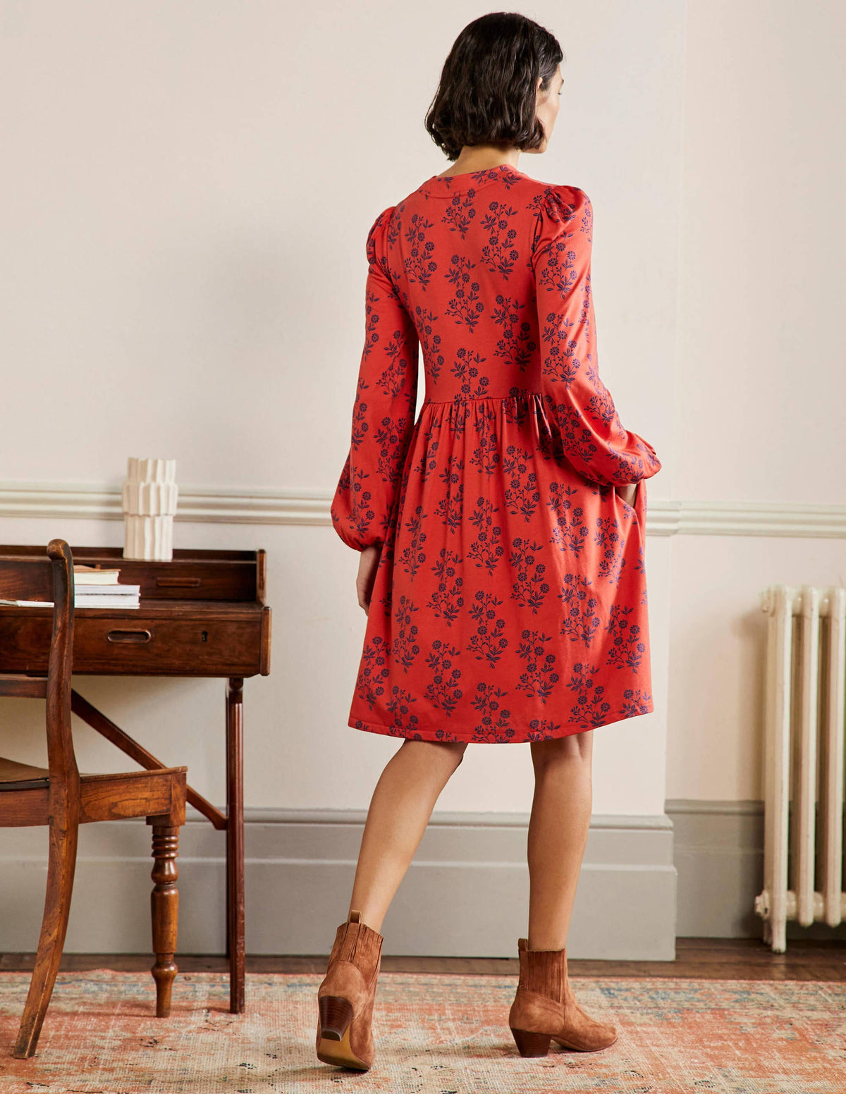 Button Through Jersey Dress-Red, Leafy Cluster - Image 3