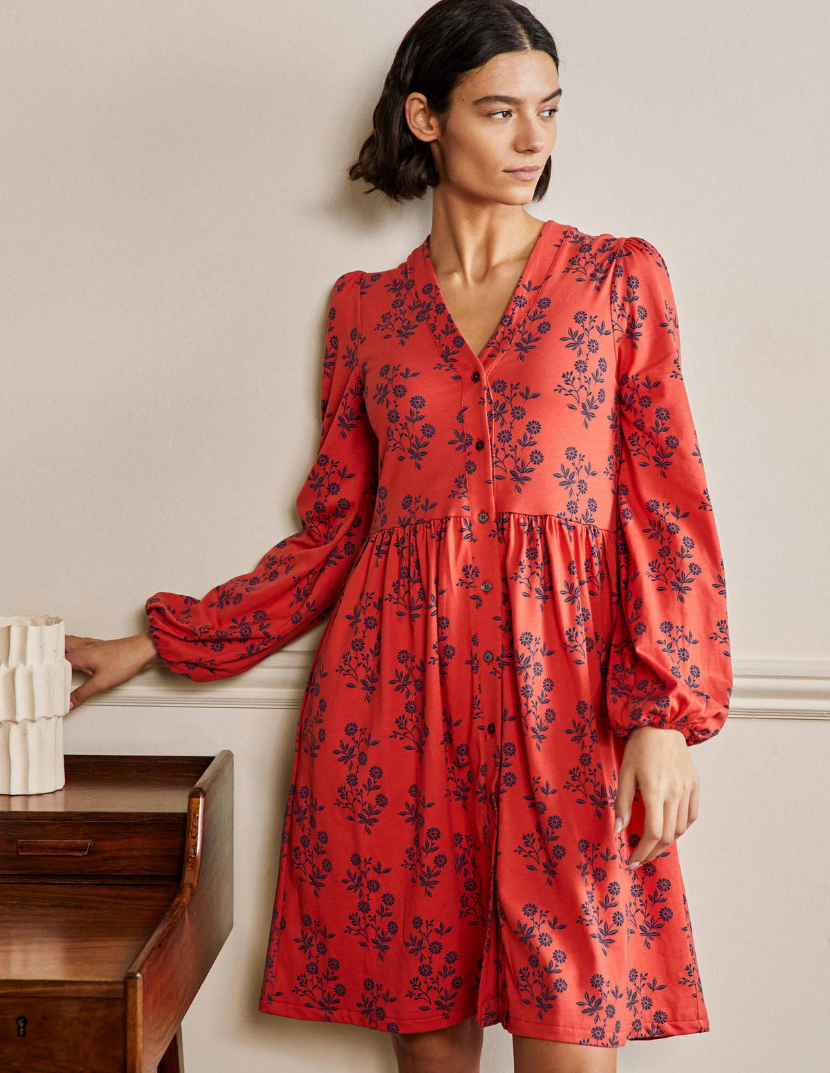 Button Through Jersey Dress-Red, Leafy Cluster-4
