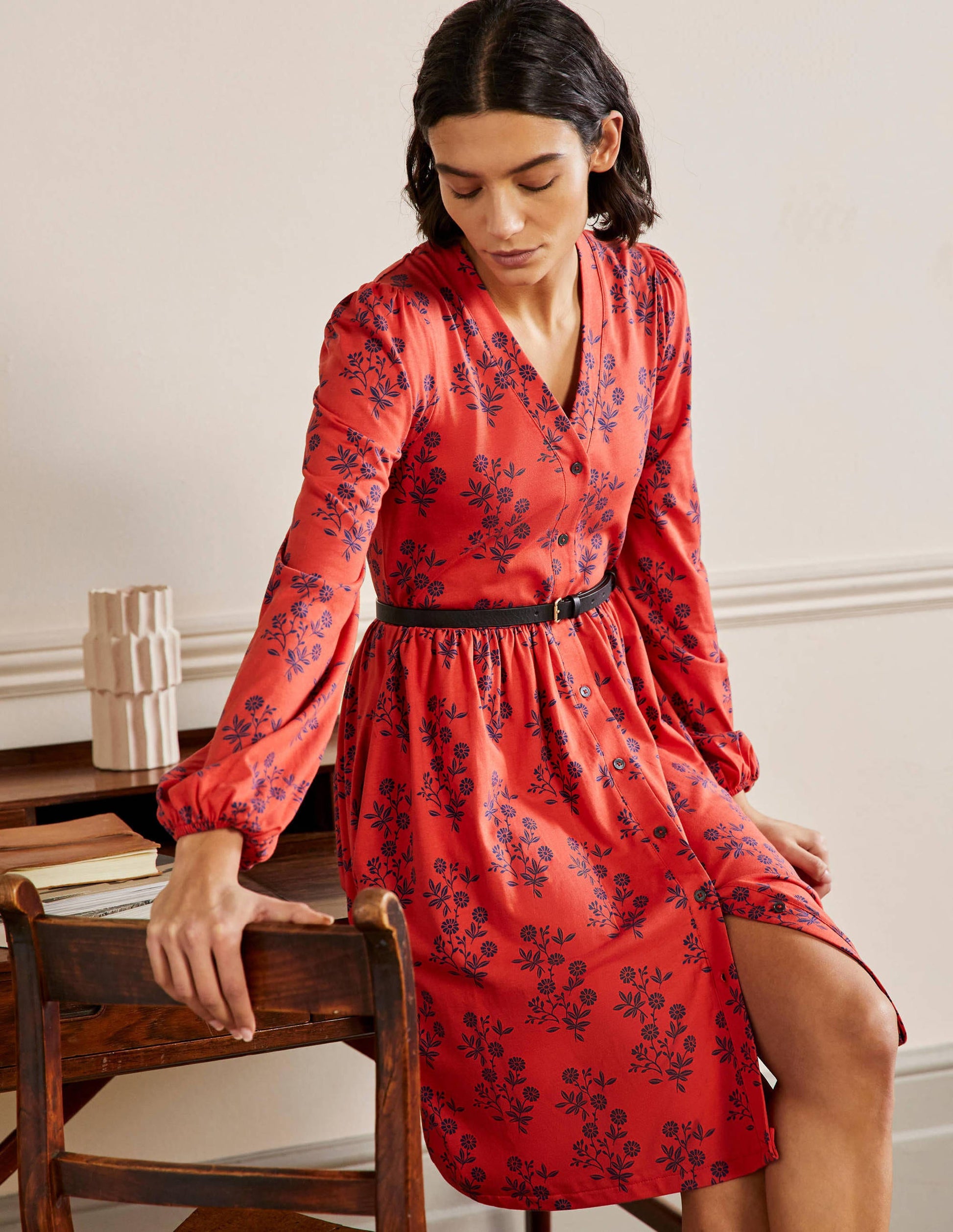 Button Through Jersey Dress-Red, Leafy Cluster-5