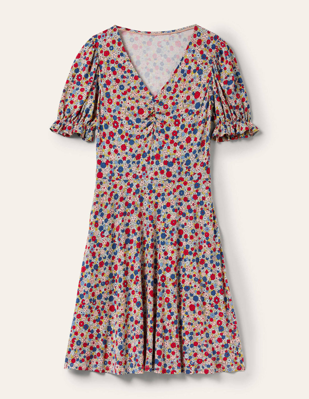 V-Neck Jersey Dress-Riviera Blue, Floret Cluster-5