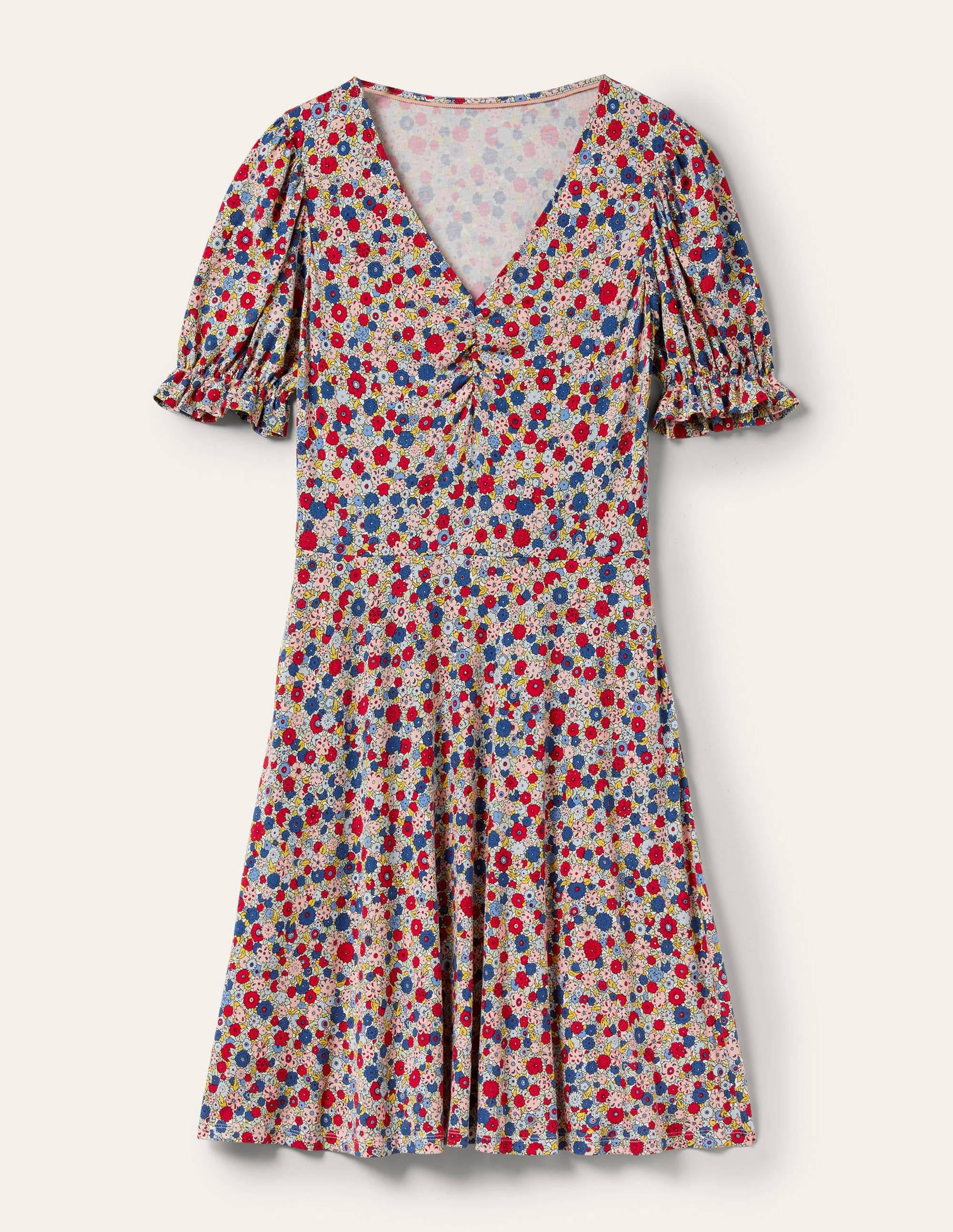 V-Neck Jersey Dress-Riviera Blue, Floret Cluster - Image 5
