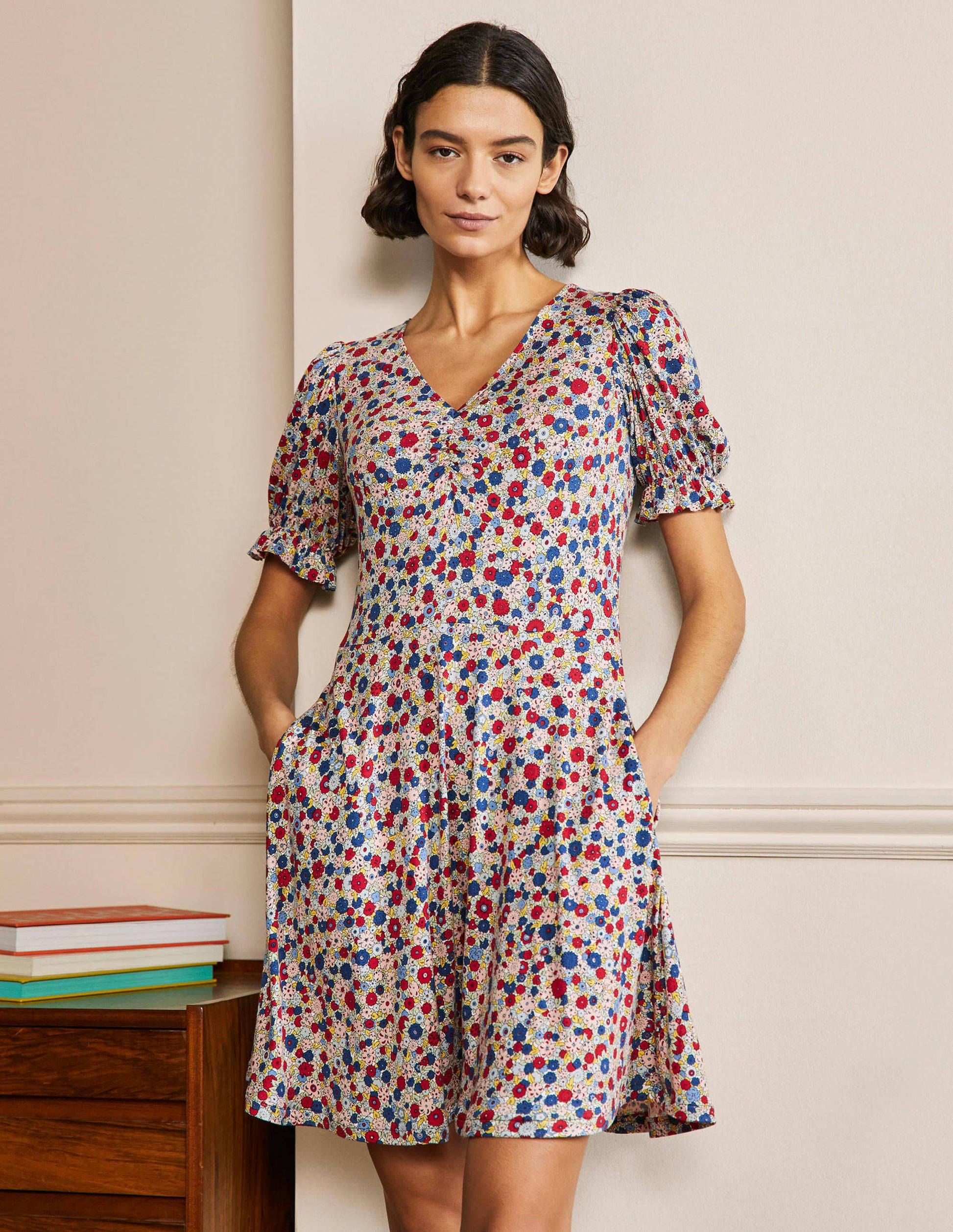 V-Neck Jersey Dress-Riviera Blue, Floret Cluster-1