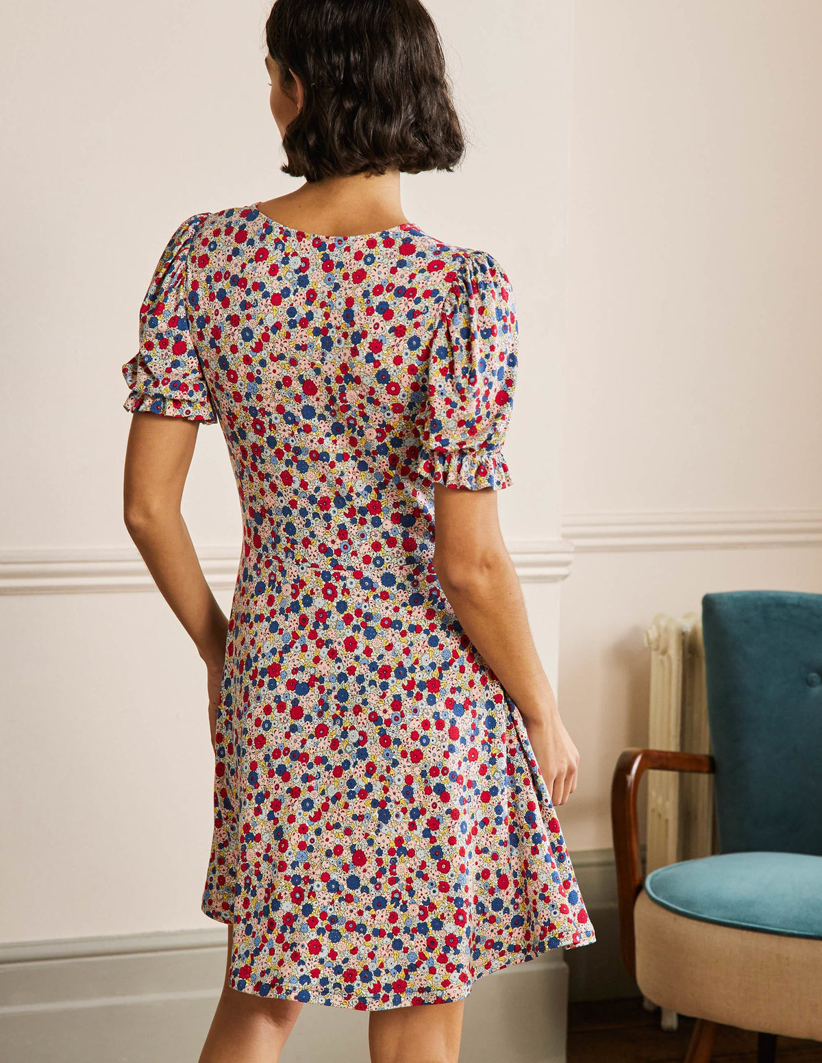 V-Neck Jersey Dress-Riviera Blue, Floret Cluster-3