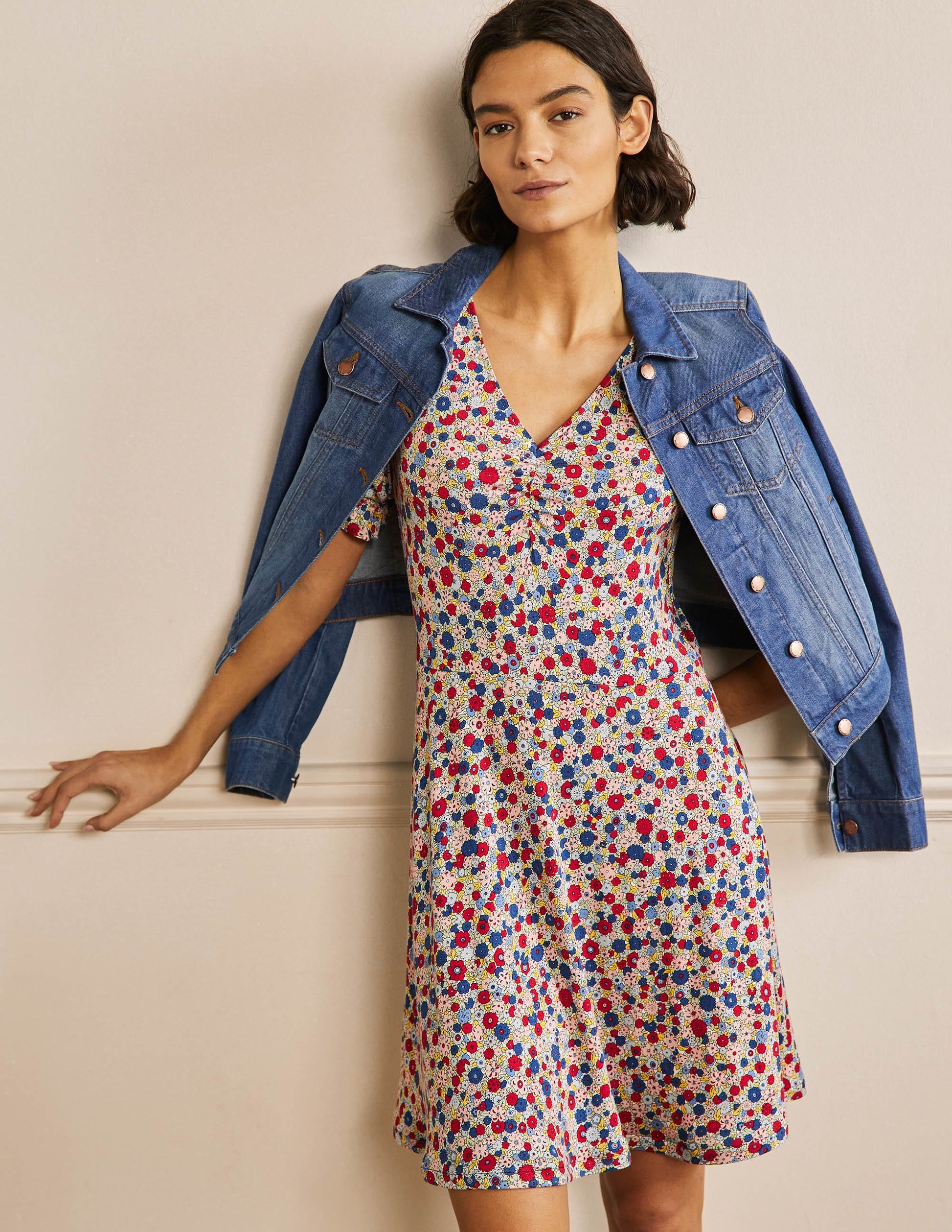 V-Neck Jersey Dress-Riviera Blue, Floret Cluster-4