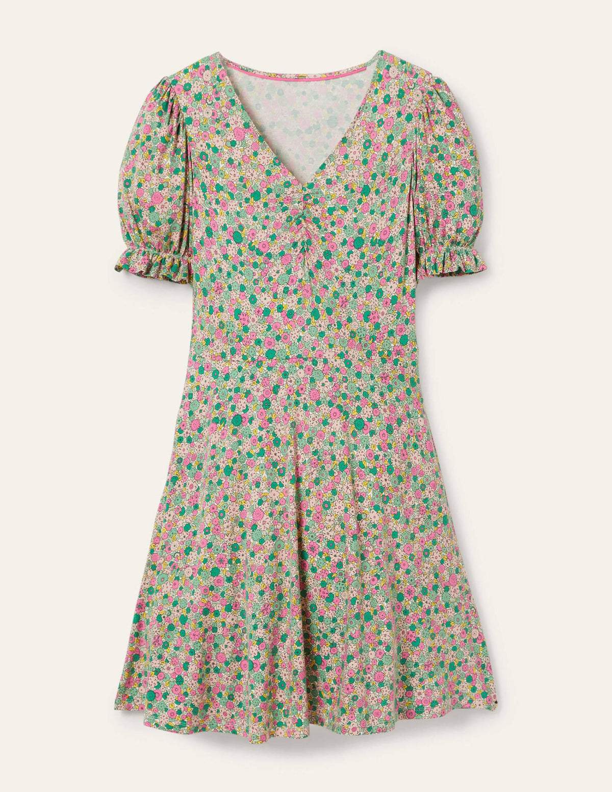 V-Neck Jersey Dress-Highland Green, Floret Cluster - Image 5