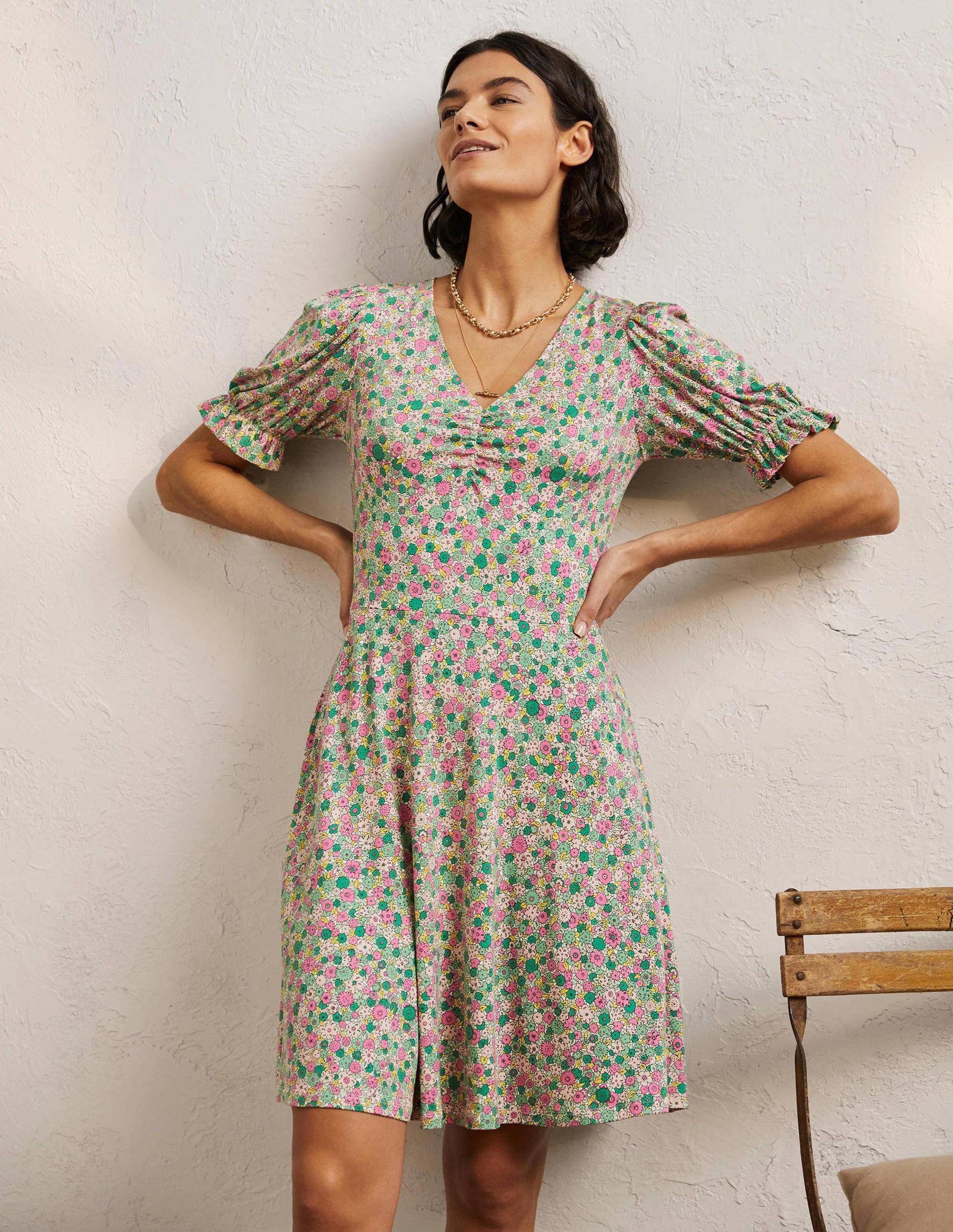 V-Neck Jersey Dress-Highland Green, Floret Cluster-1
