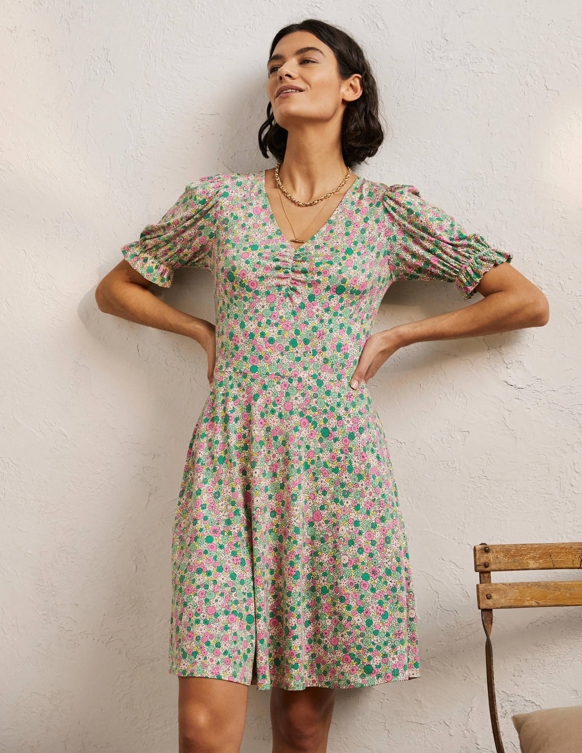 V-Neck Jersey Dress-Highland Green, Floret Cluster - Image 1