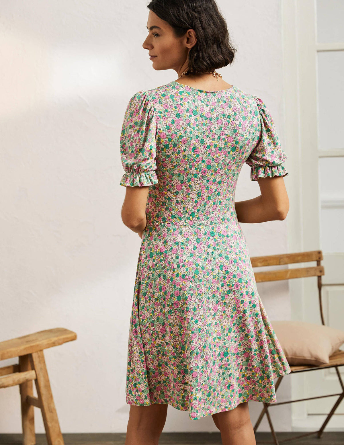 V-Neck Jersey Dress-Highland Green, Floret Cluster-3