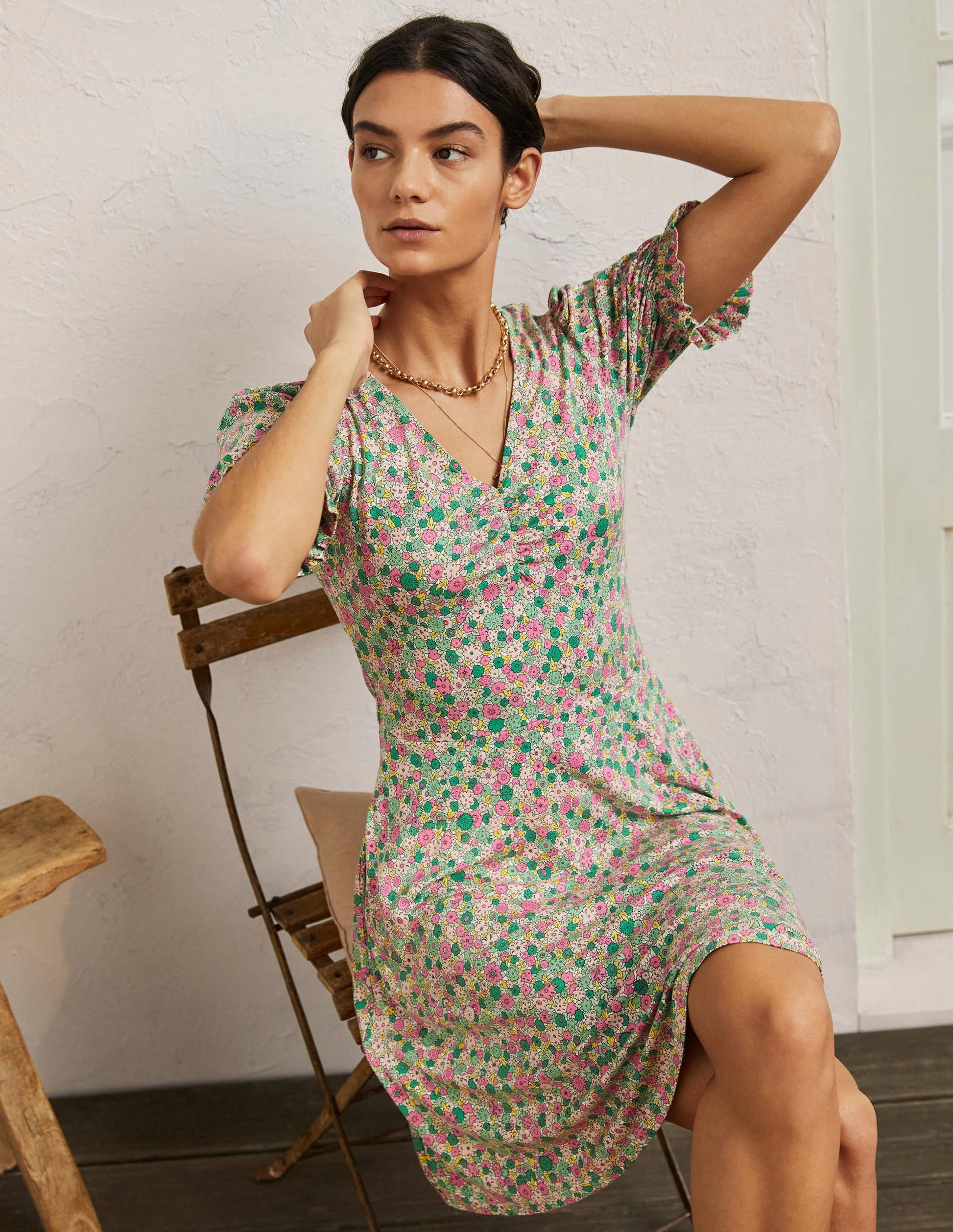 V-Neck Jersey Dress-Highland Green, Floret Cluster-4
