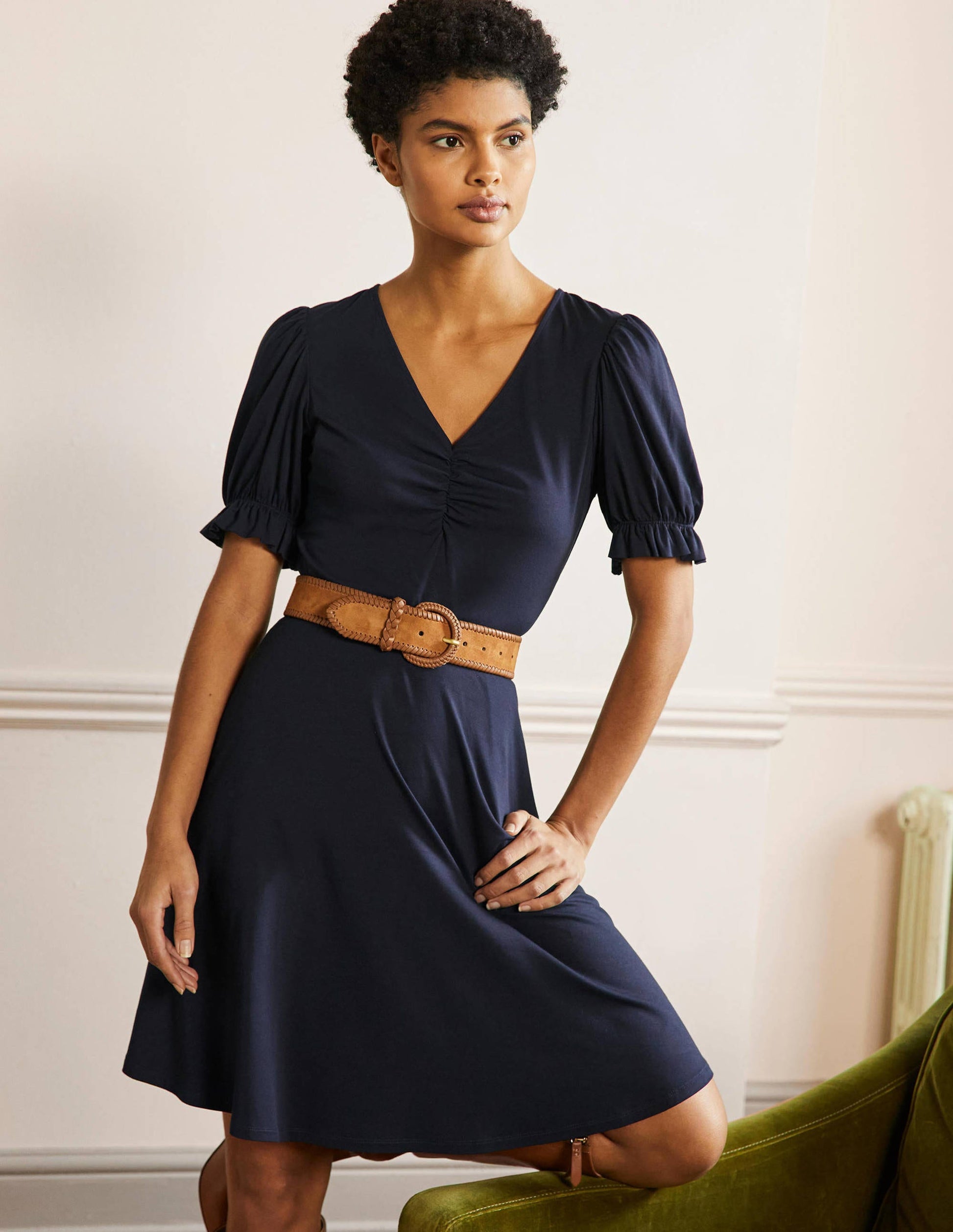 V-Neck Jersey Dress-Navy-1
