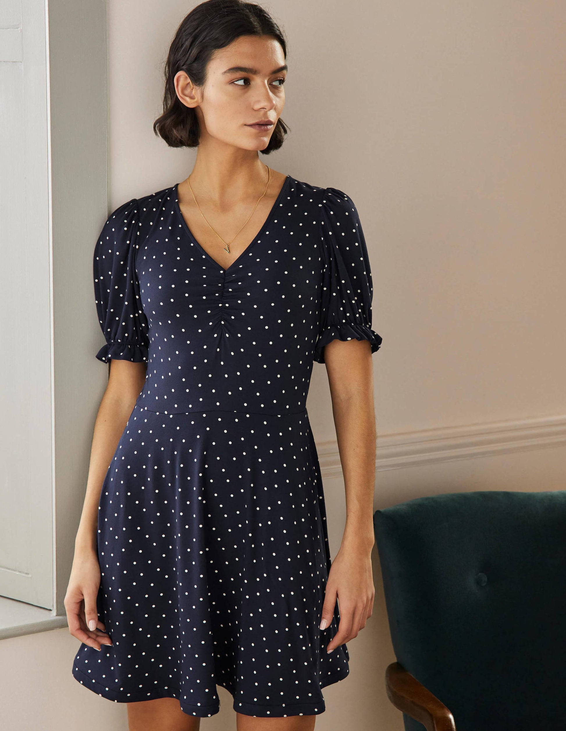 V-Neck Jersey Dress-Navy, Pin Dot-1