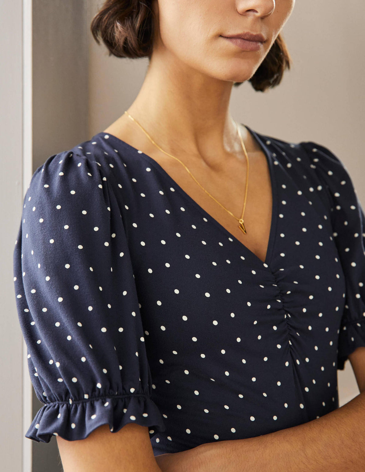 V-Neck Jersey Dress-Navy, Pin Dot - Image 2