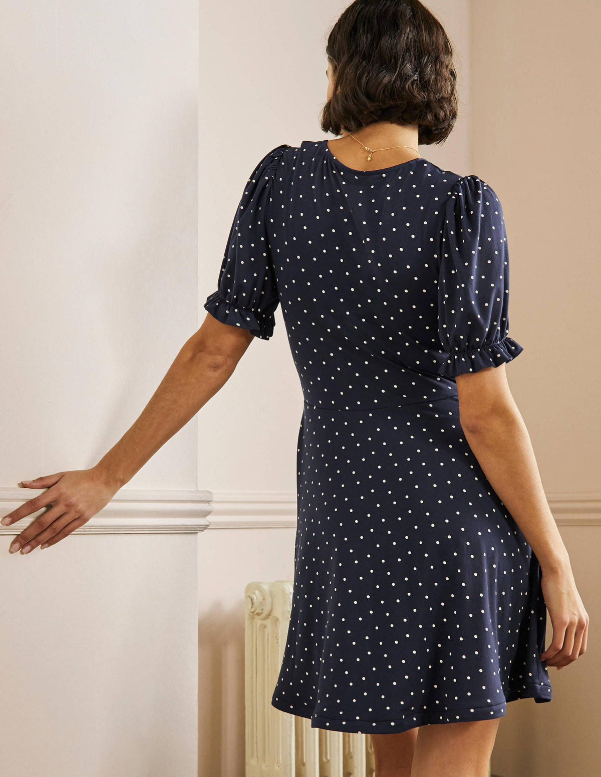 V-Neck Jersey Dress-Navy, Pin Dot - Image 3