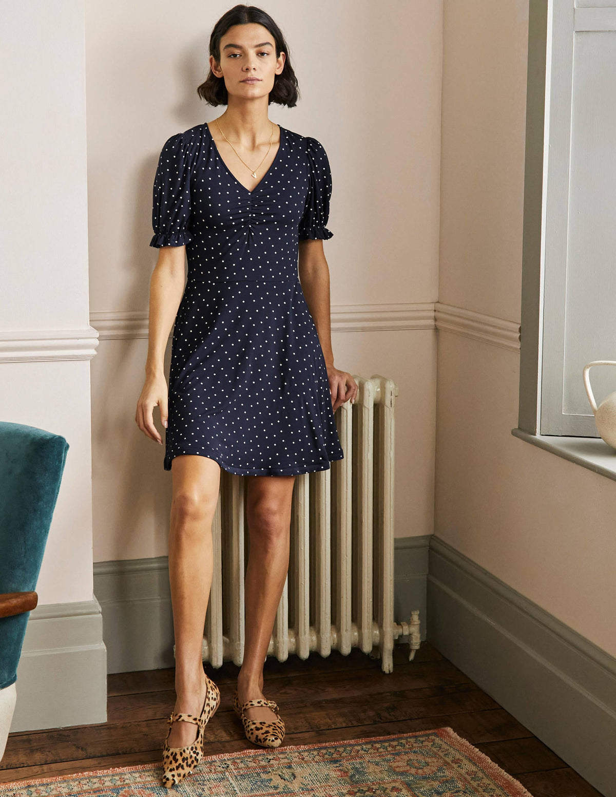 V-Neck Jersey Dress-Navy, Pin Dot-4