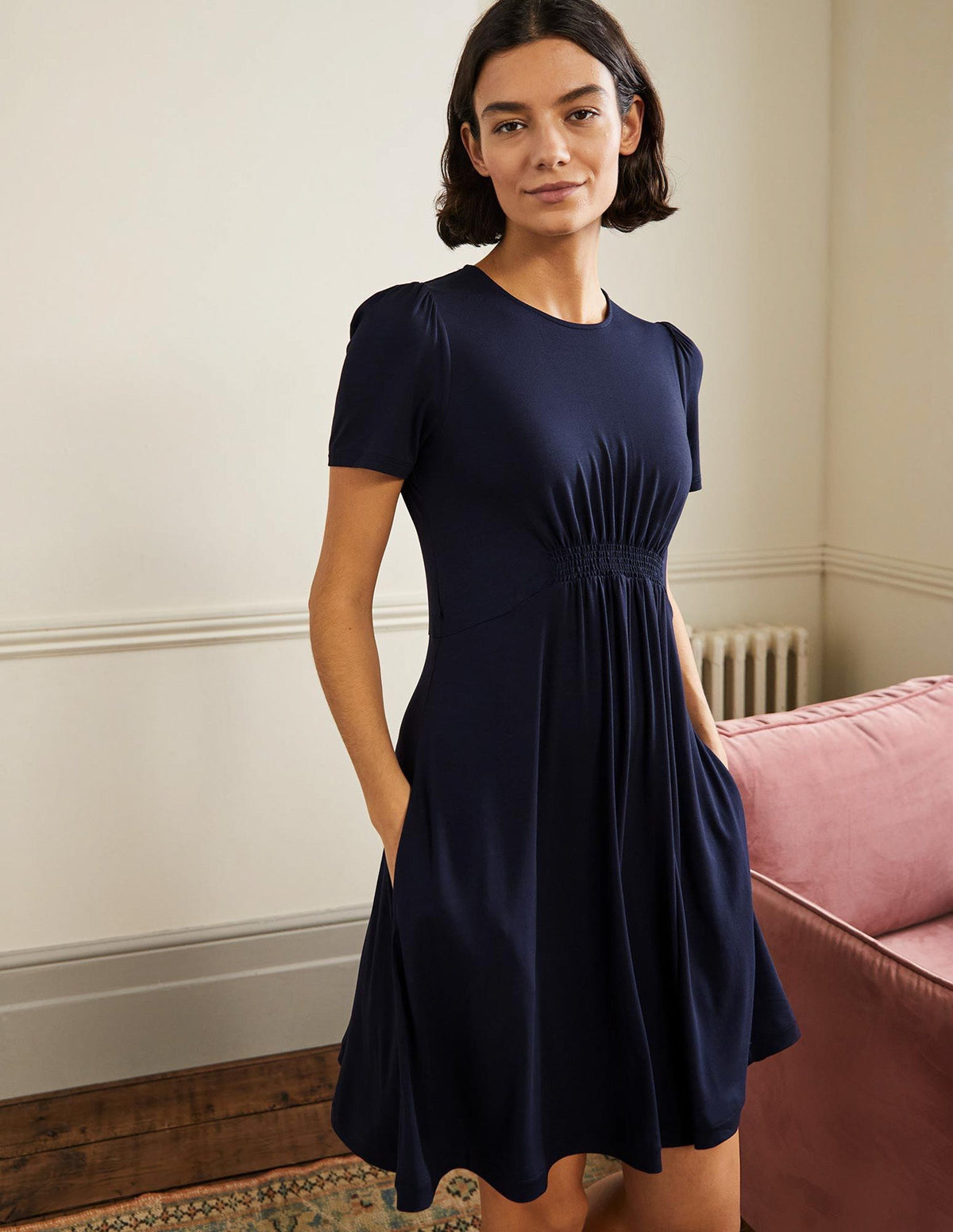Crew Neck Jersey Dress-Navy-1