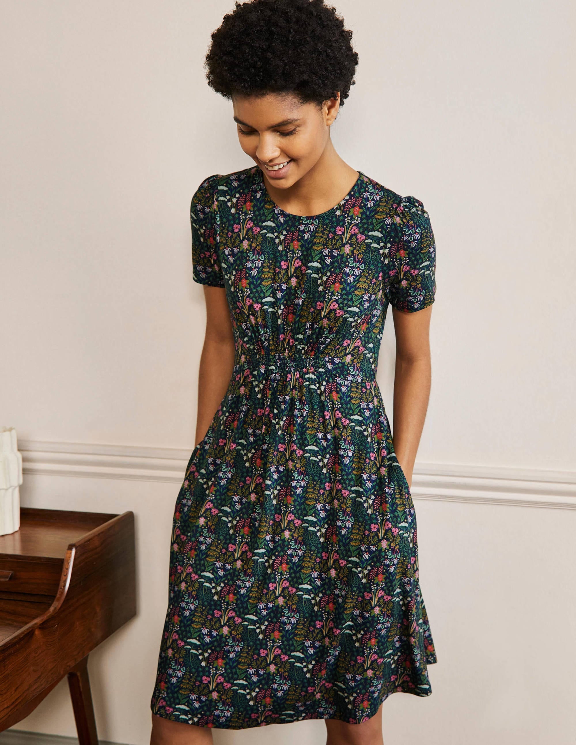 Crew Neck Jersey Dress-French Navy, Wildflower Bloom - Image 1