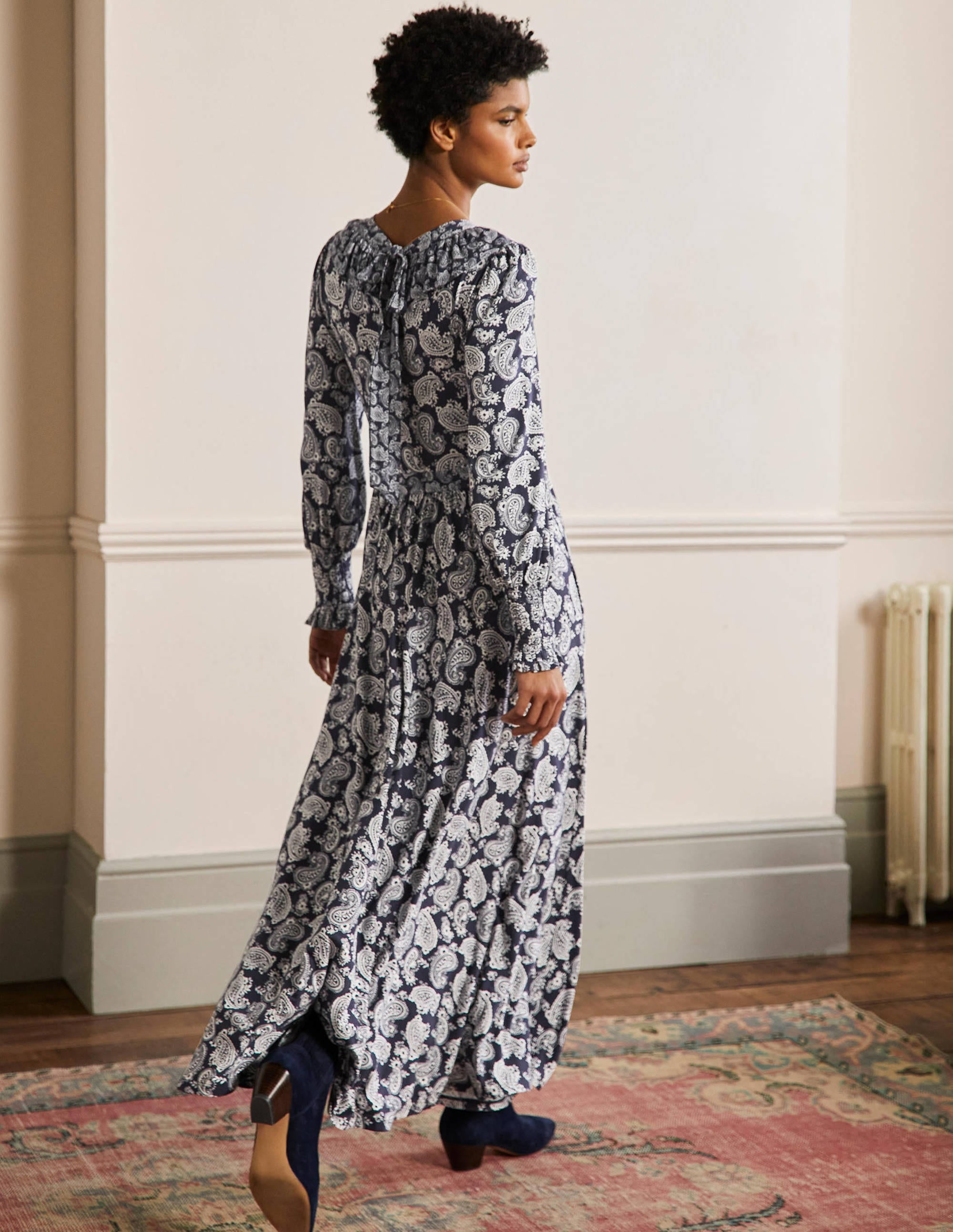 Ruffle Jersey Maxi Dress-French Navy, Paisley Bloom - Image 3