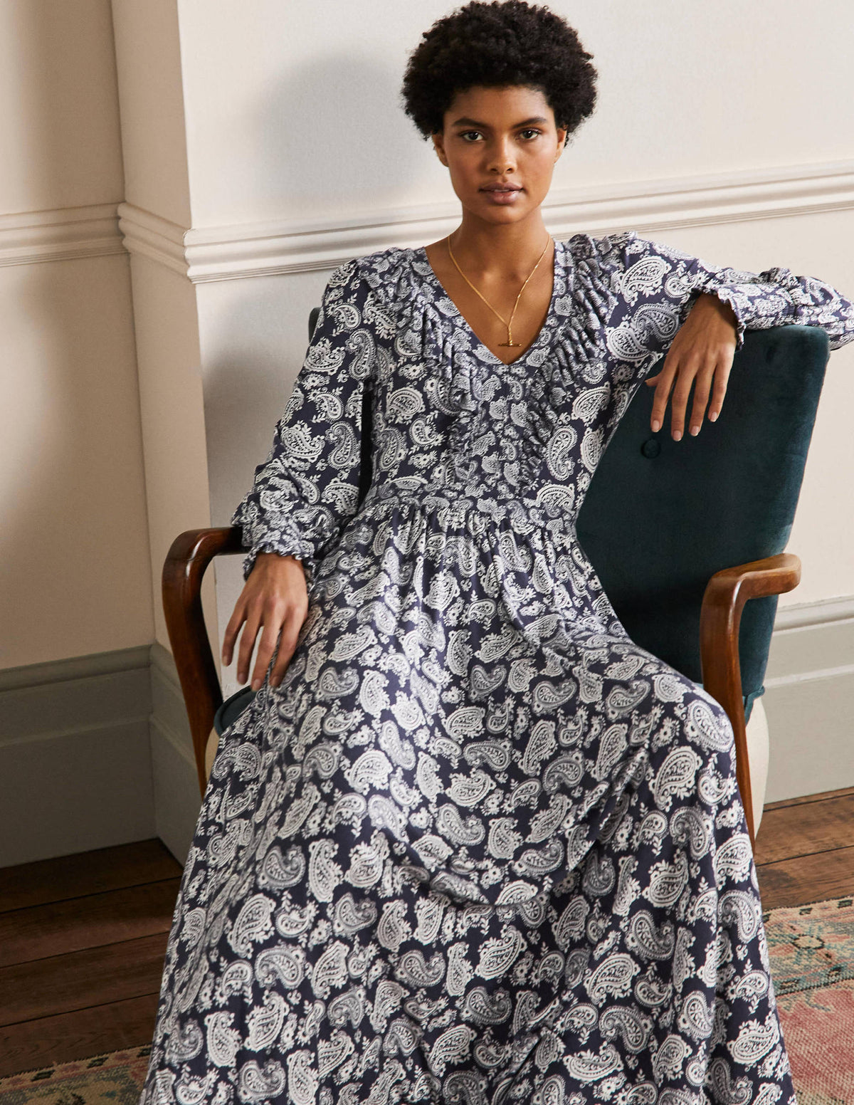Ruffle Jersey Maxi Dress-French Navy, Paisley Bloom - Image 4